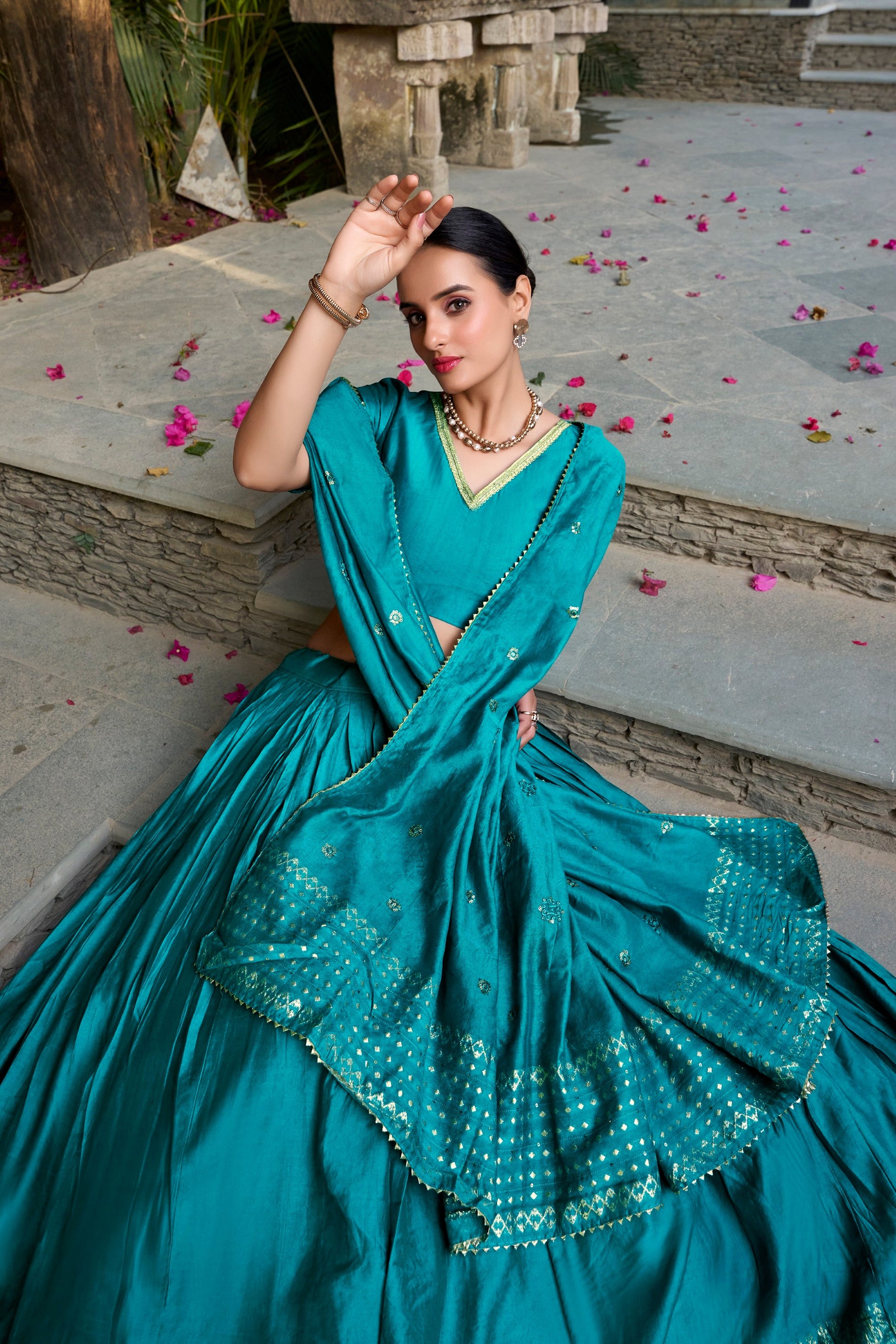 Lorenvalley Fashion Skyblue Pure Chanderi Plain With Zari Weaving Work Border Lehenga Choli with Dupatta - Swadesiicart
