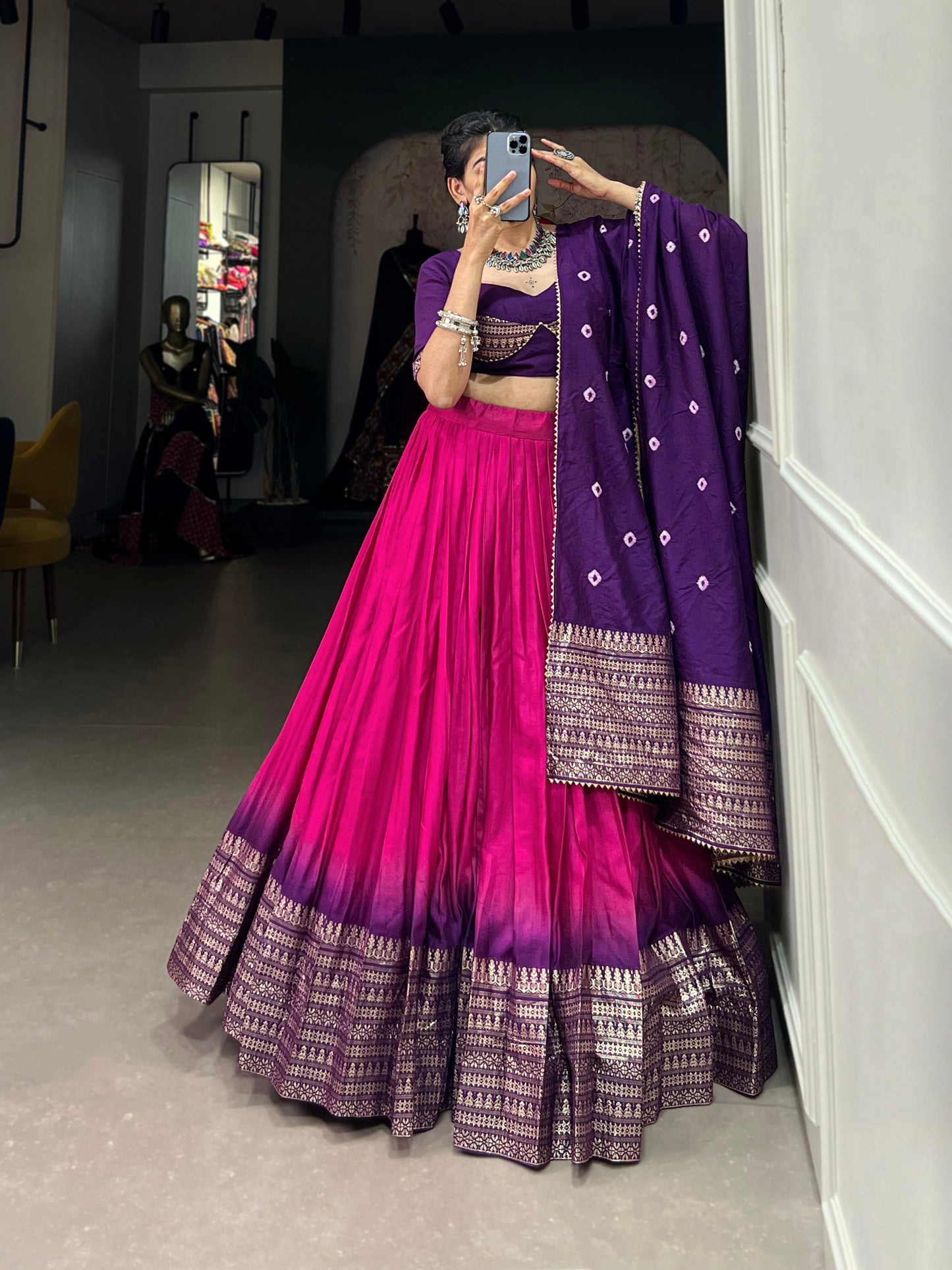 Lorenvalley Pink Chanderi Color Padding With Zari Weaving Work Border Lehenga Choli with Dupatta | Swadesiicart