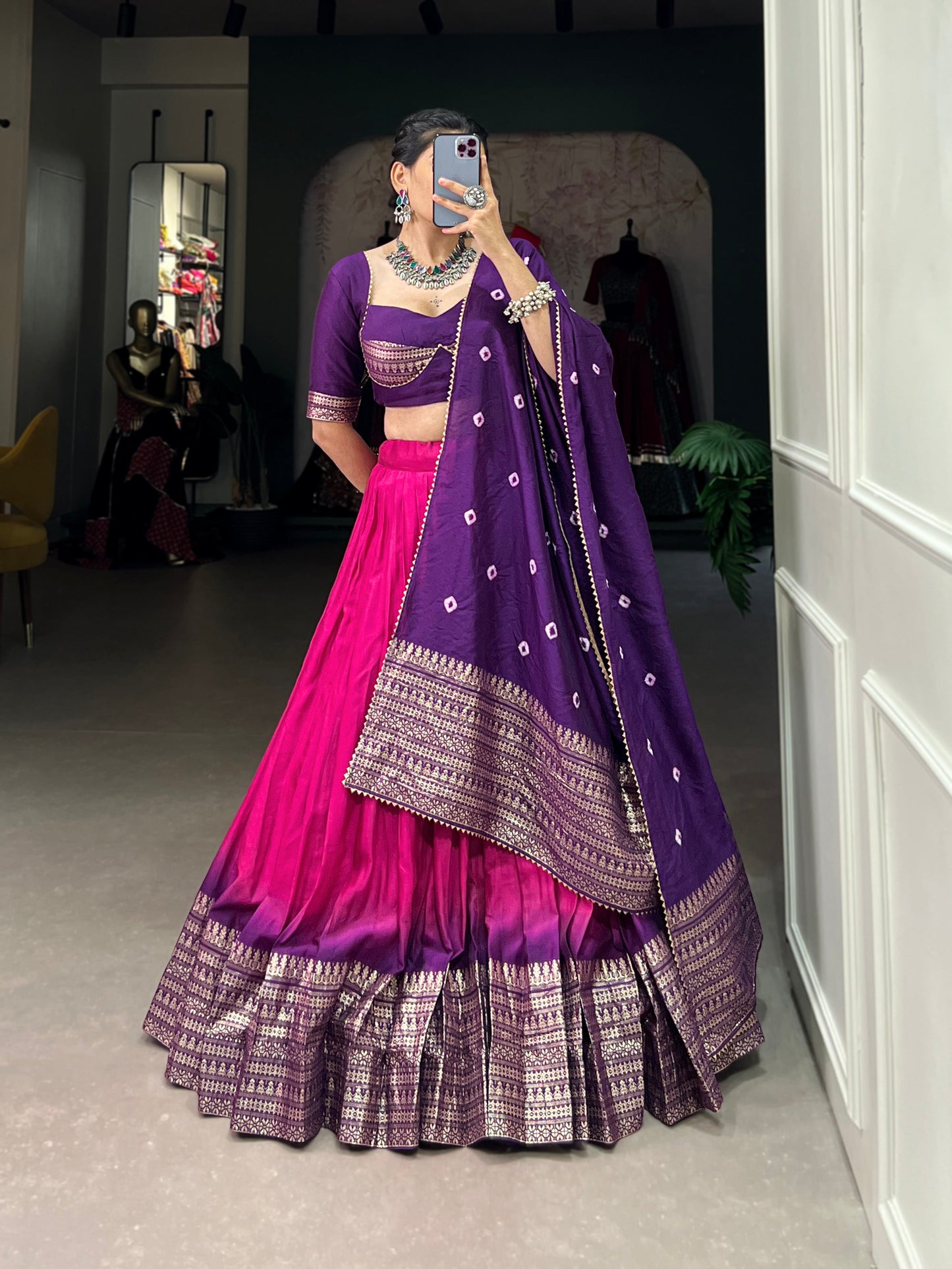 Lorenvalley Pink Chanderi Color Padding With Zari Weaving Work Border Lehenga Choli with Dupatta | Swadesiicart