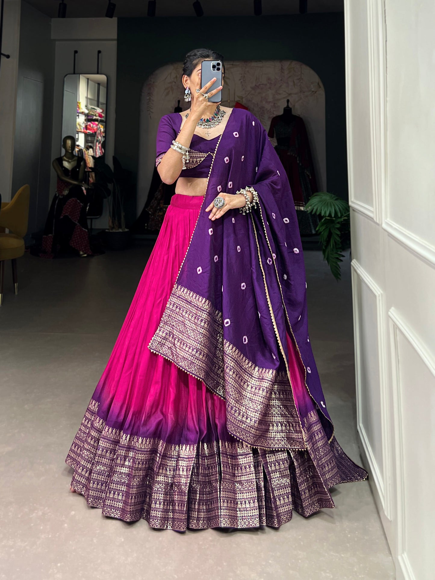 Lorenvalley Pink Chanderi Color Padding With Zari Weaving Work Border Lehenga Choli with Dupatta | Swadesiicart