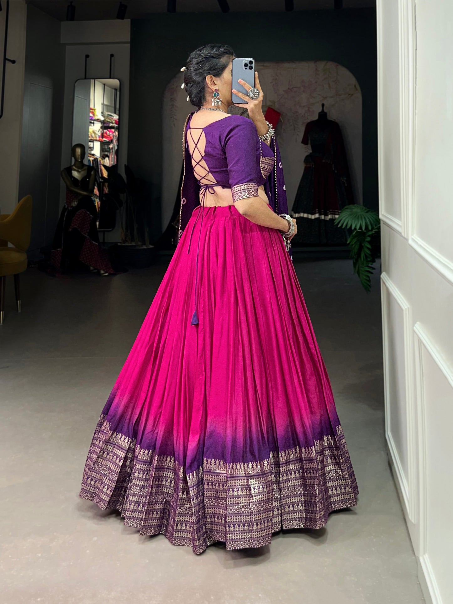 Lorenvalley Pink Chanderi Color Padding With Zari Weaving Work Border Lehenga Choli with Dupatta | Swadesiicart
