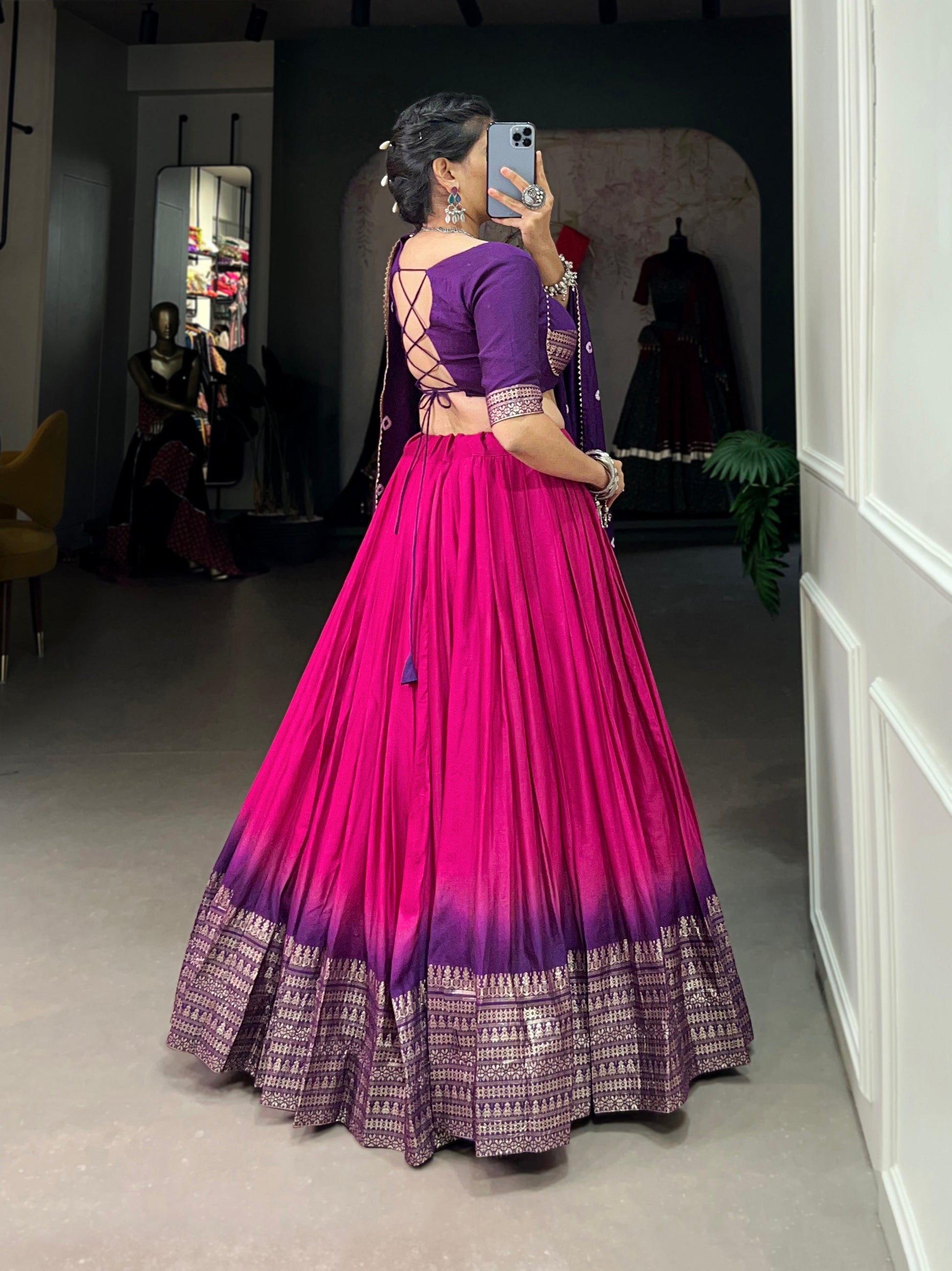 Lorenvalley Pink Chanderi Color Padding With Zari Weaving Work Border Lehenga Choli with Dupatta | Swadesiicart