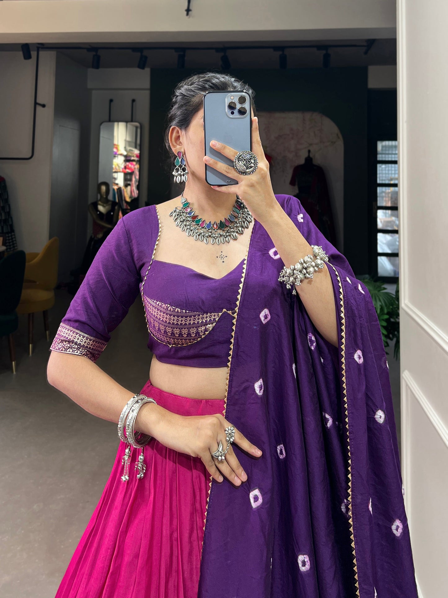 Lorenvalley Pink Chanderi Color Padding With Zari Weaving Work Border Lehenga Choli with Dupatta | Swadesiicart