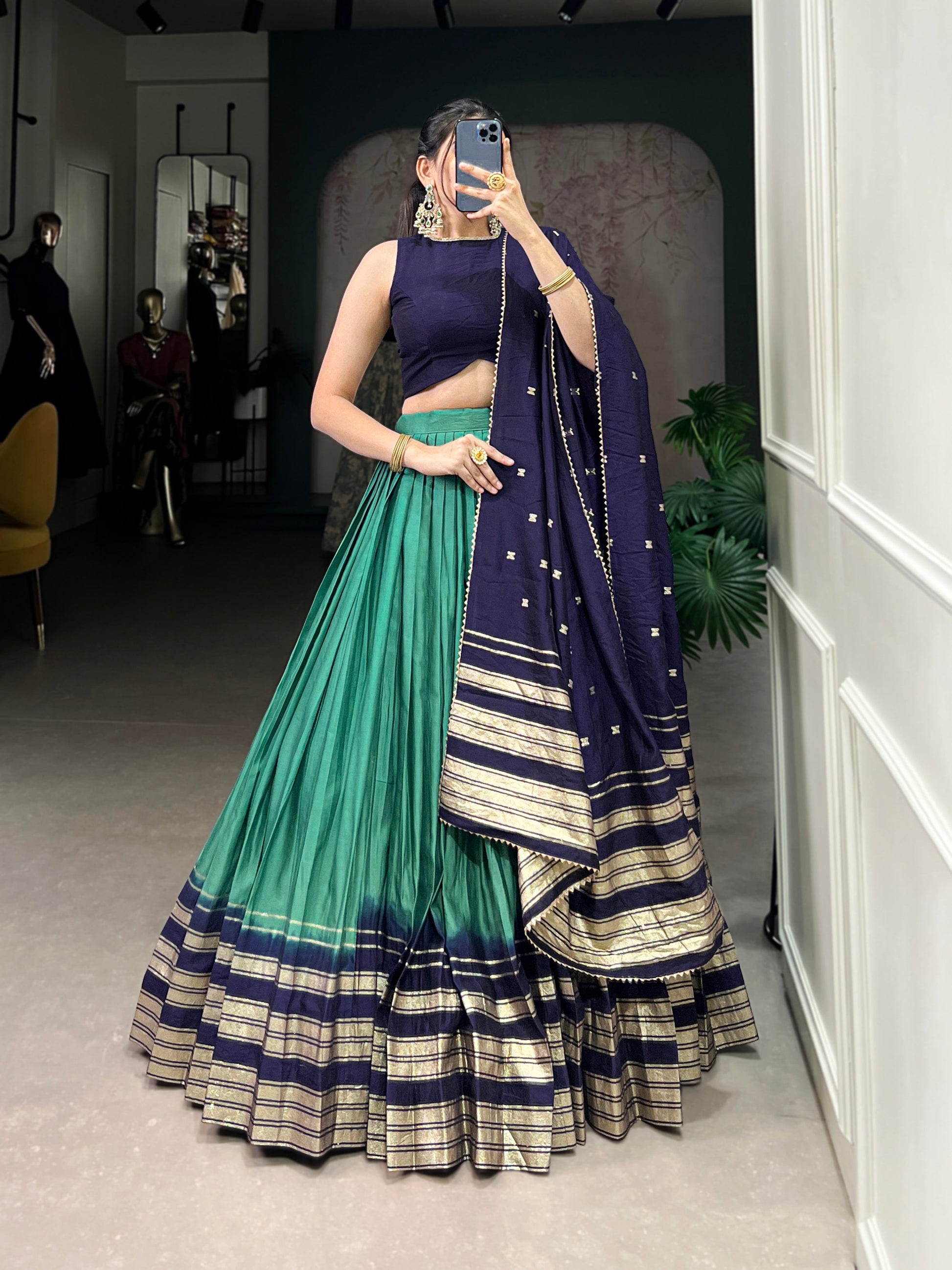 Lorenvalley Firozi Pure Chanderi Plain With Zari Weaving Work Border Lehenga Choli | Swadesiicart