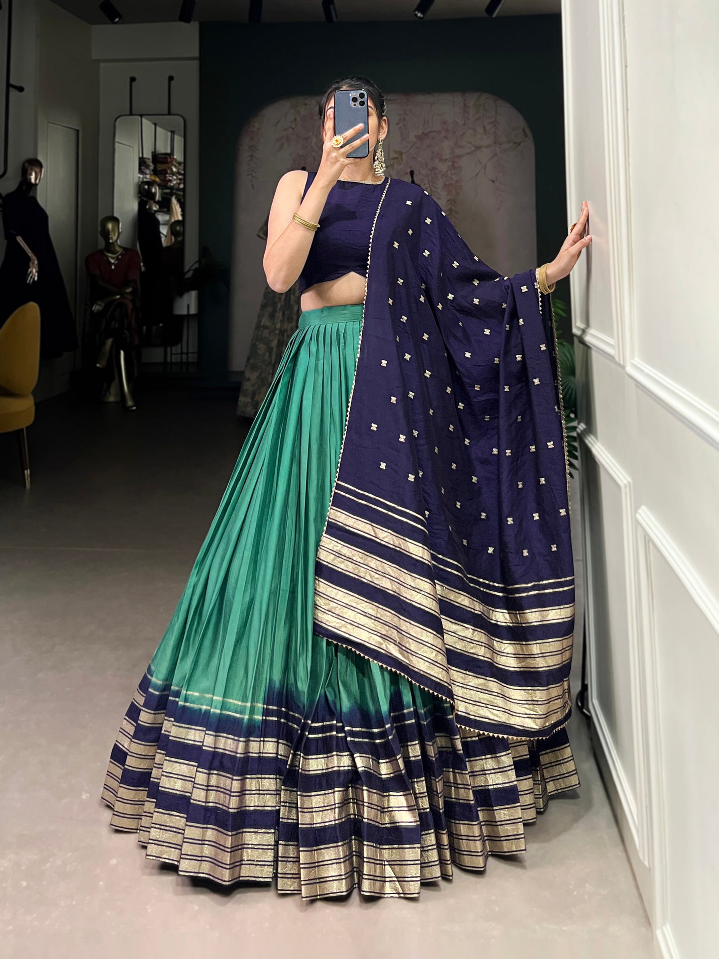 Lorenvalley Firozi Pure Chanderi Plain With Zari Weaving Work Border Lehenga Choli | Swadesiicart
