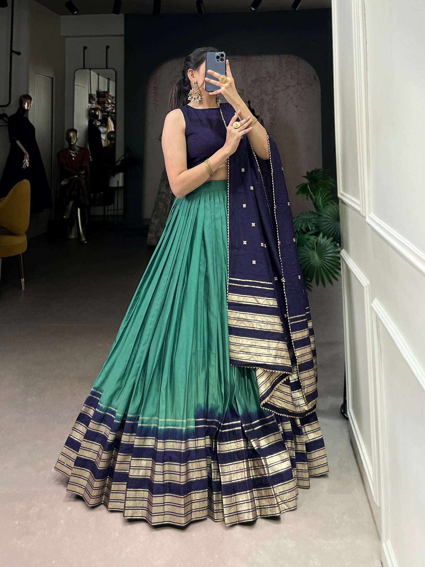 Lorenvalley Firozi Pure Chanderi Plain With Zari Weaving Work Border Lehenga Choli | Swadesiicart