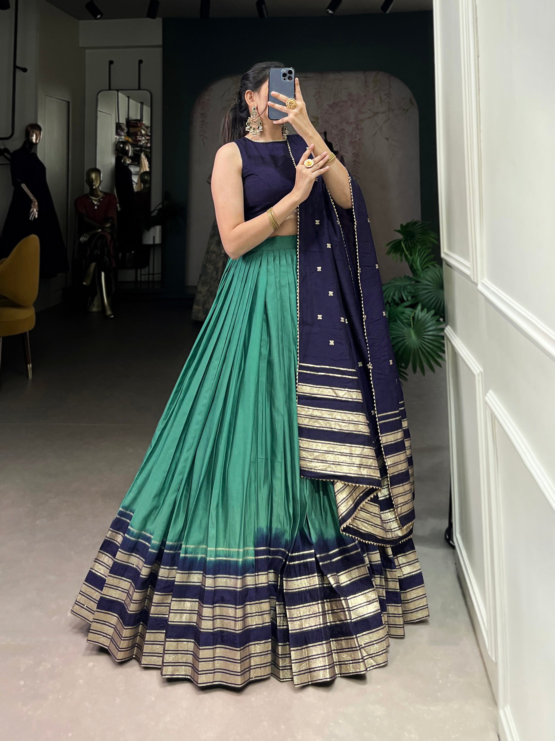 Lorenvalley Firozi Pure Chanderi Plain With Zari Weaving Work Border Lehenga Choli | Swadesiicart