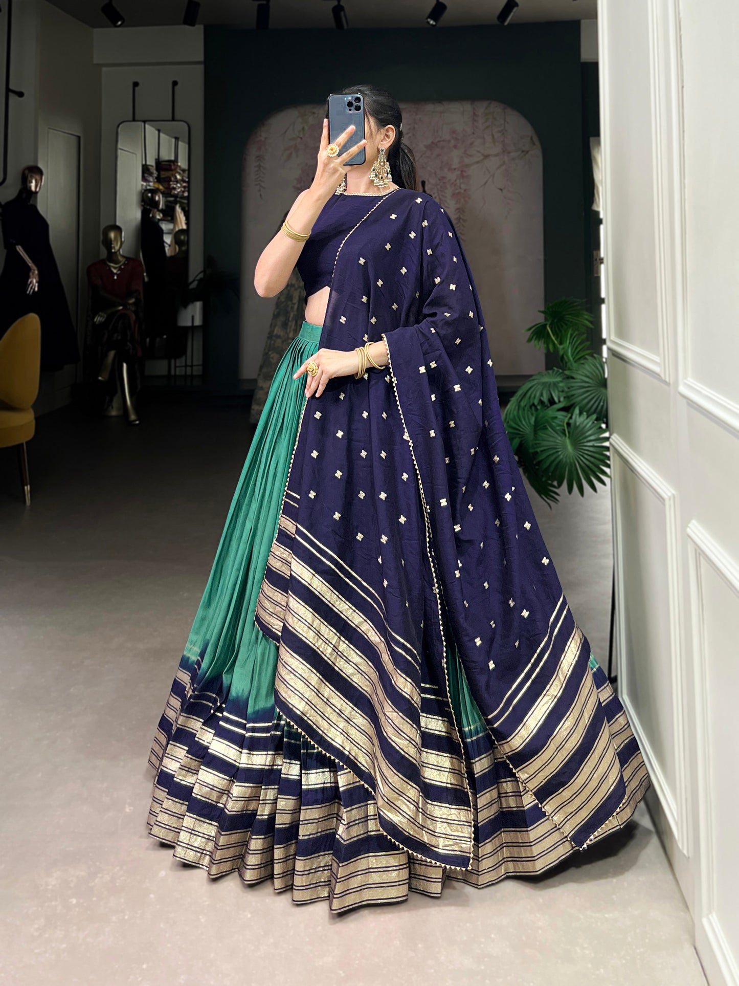 Lorenvalley Firozi Pure Chanderi Plain With Zari Weaving Work Border Lehenga Choli | Swadesiicart