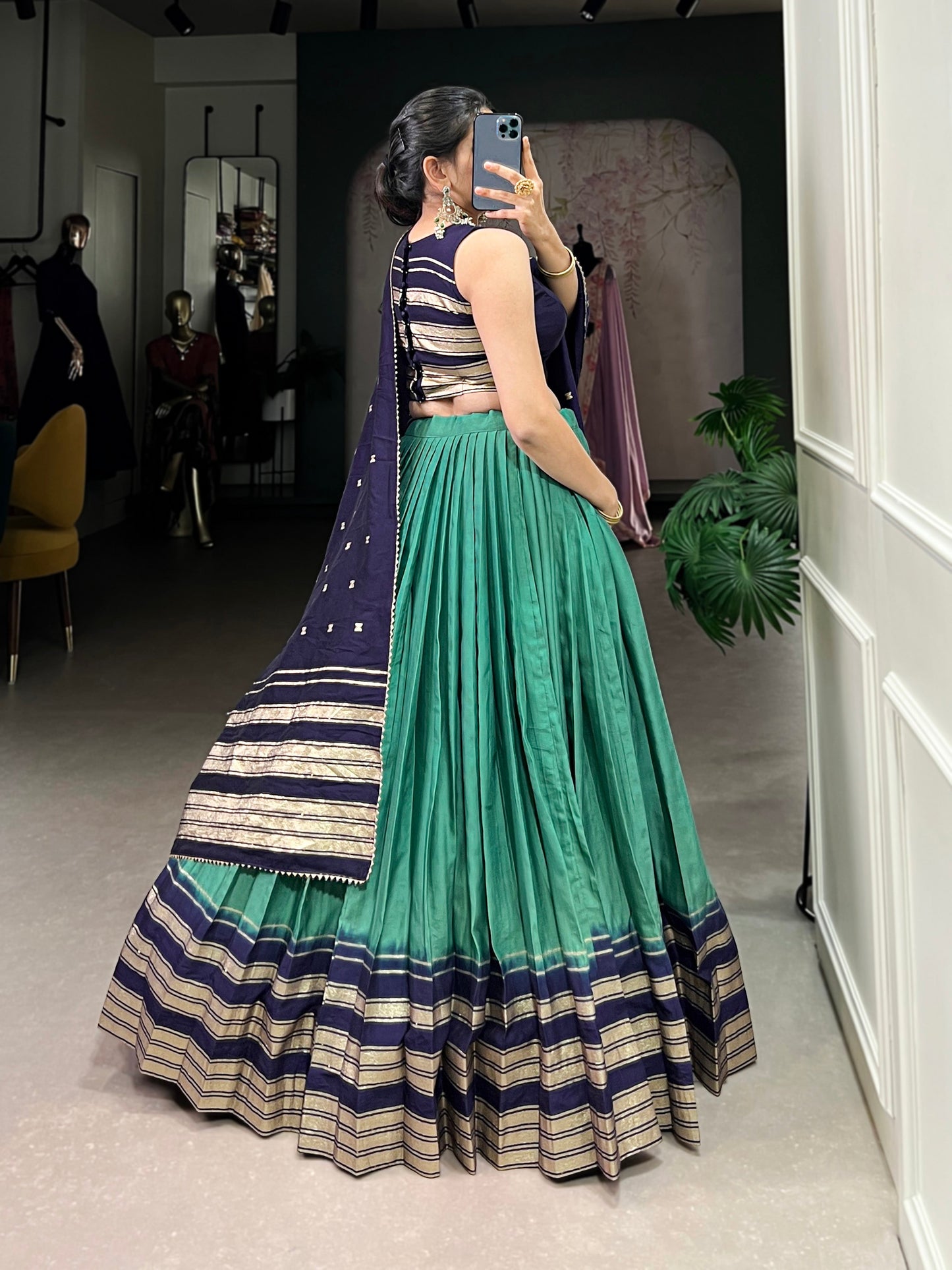 Lorenvalley Firozi Pure Chanderi Plain With Zari Weaving Work Border Lehenga Choli | Swadesiicart