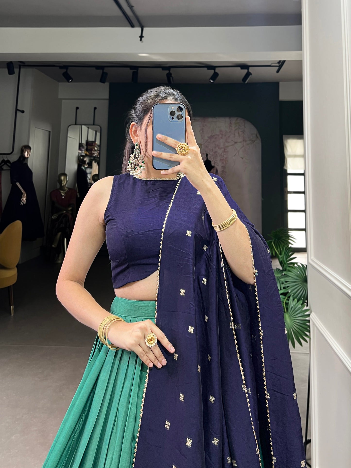 Lorenvalley Firozi Pure Chanderi Plain With Zari Weaving Work Border Lehenga Choli | Swadesiicart