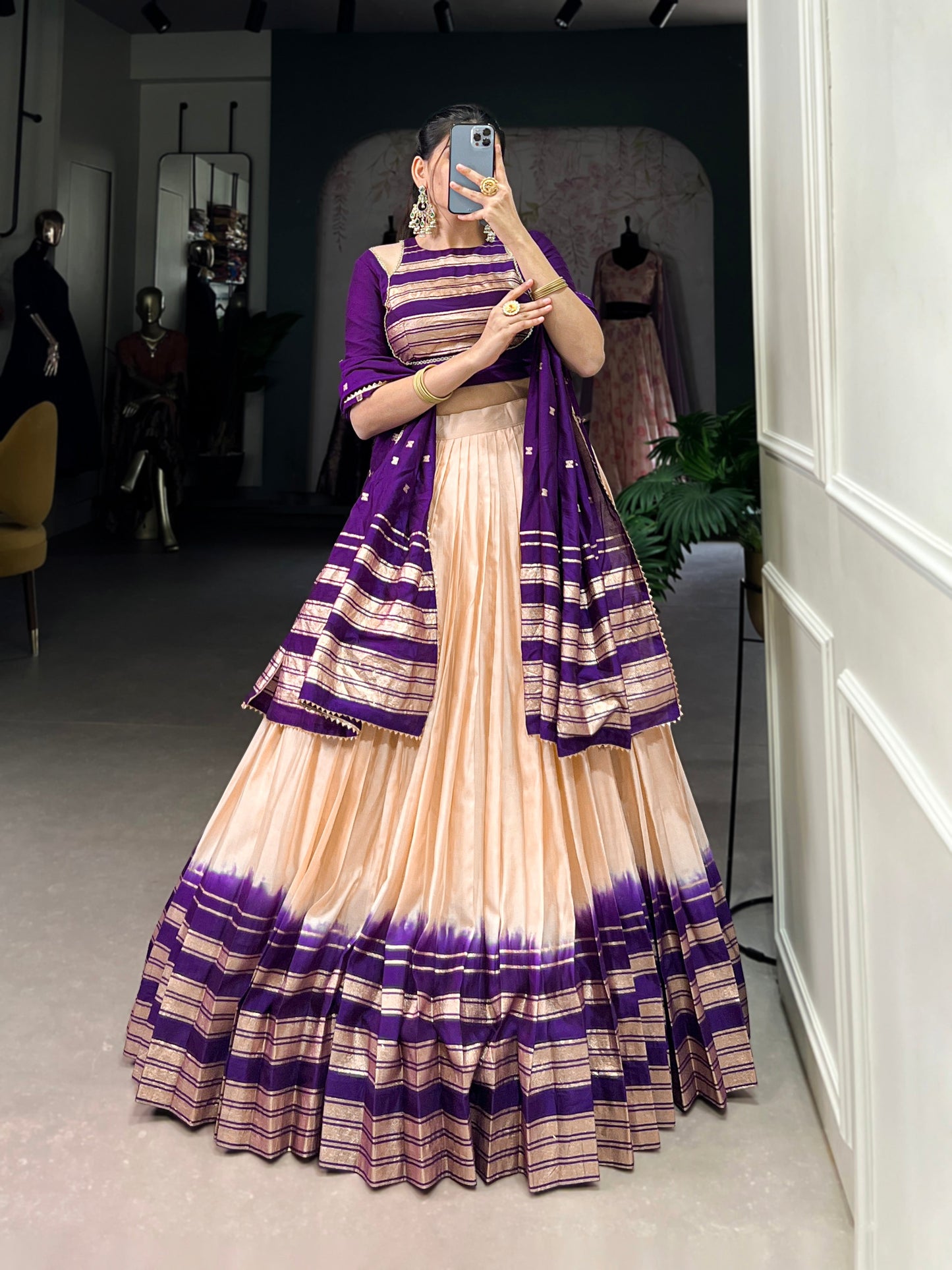 Lorenvalley Off White Pure Chanderi Plain With Zari Weaving Work Border Lehenga Choli | Swadesiicart