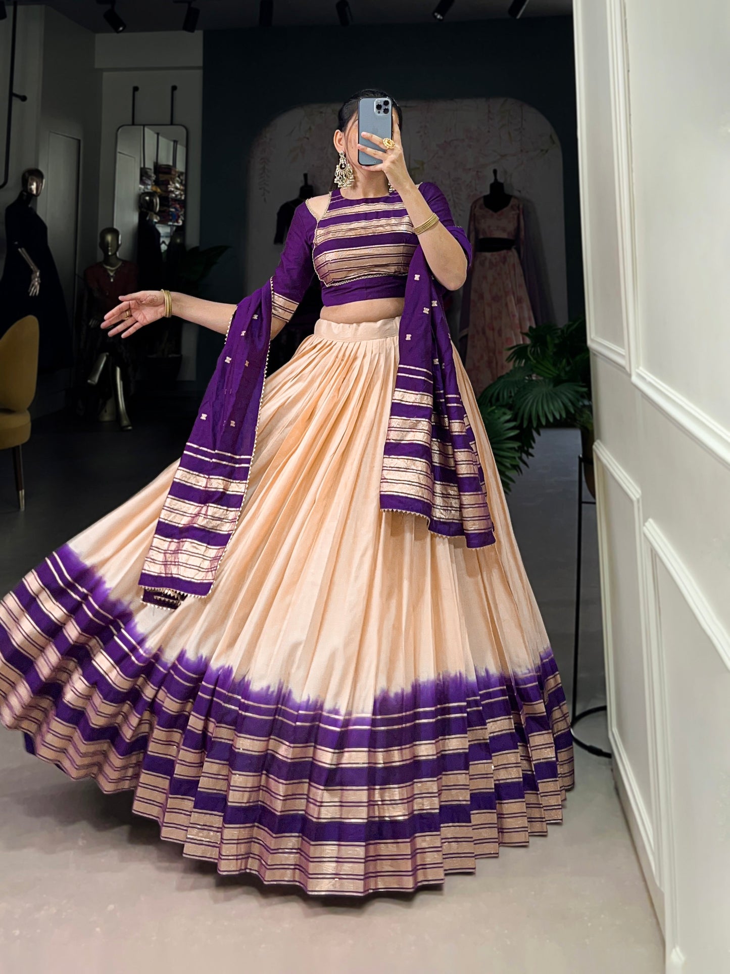 Lorenvalley Off White Pure Chanderi Plain With Zari Weaving Work Border Lehenga Choli | Swadesiicart