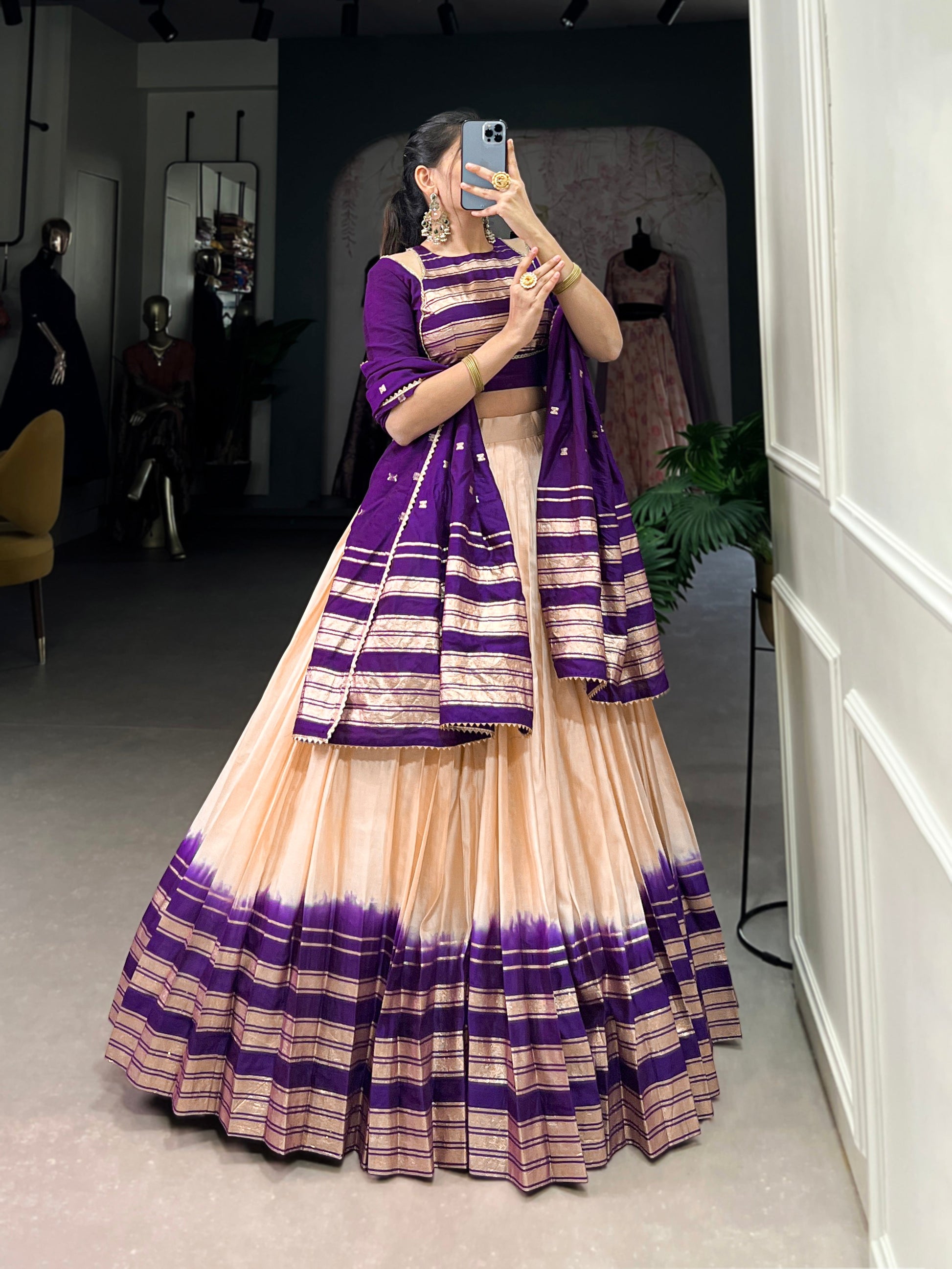 Lorenvalley Off White Pure Chanderi Plain With Zari Weaving Work Border Lehenga Choli | Swadesiicart