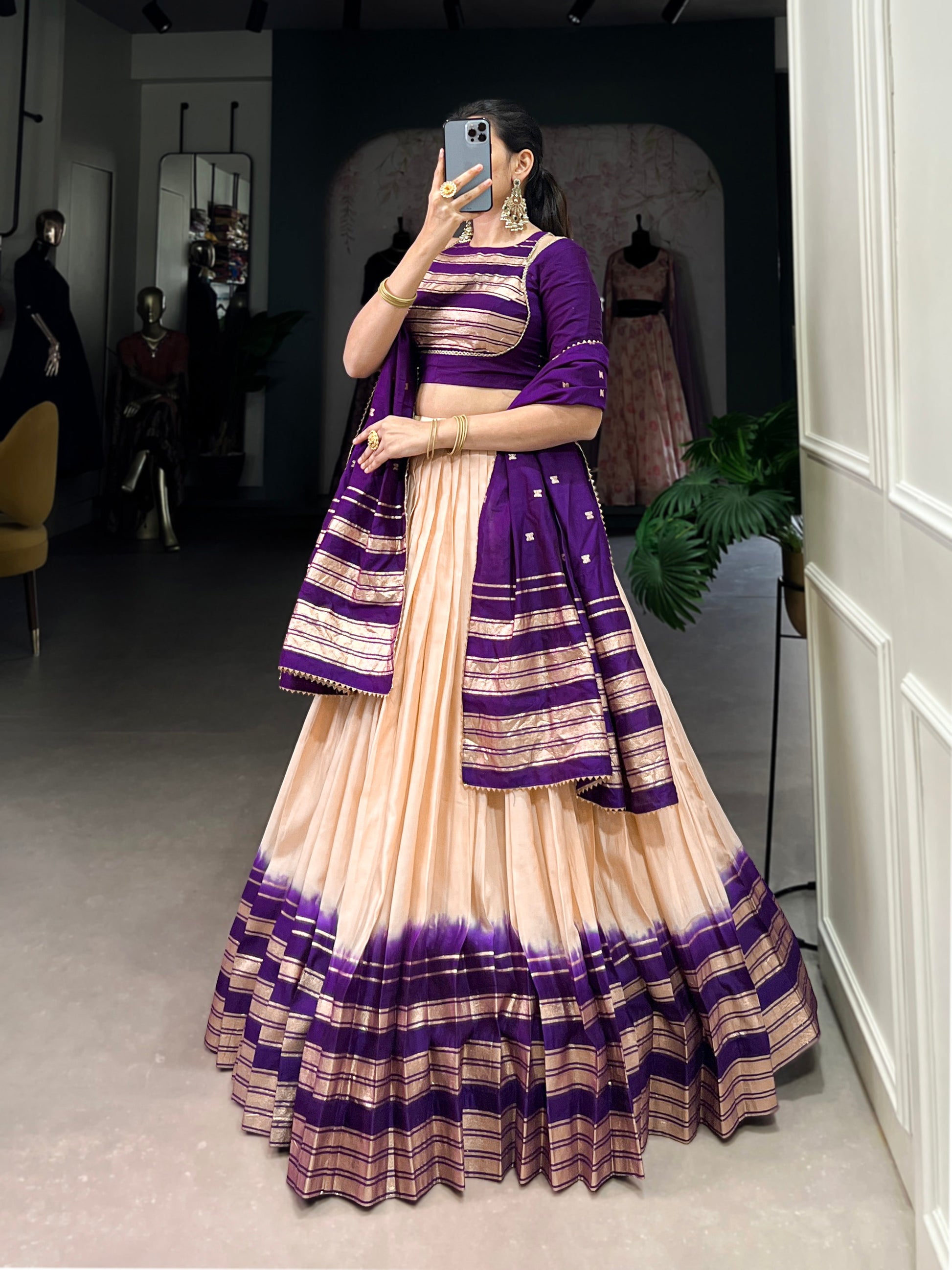 Lorenvalley Off White Pure Chanderi Plain With Zari Weaving Work Border Lehenga Choli | Swadesiicart