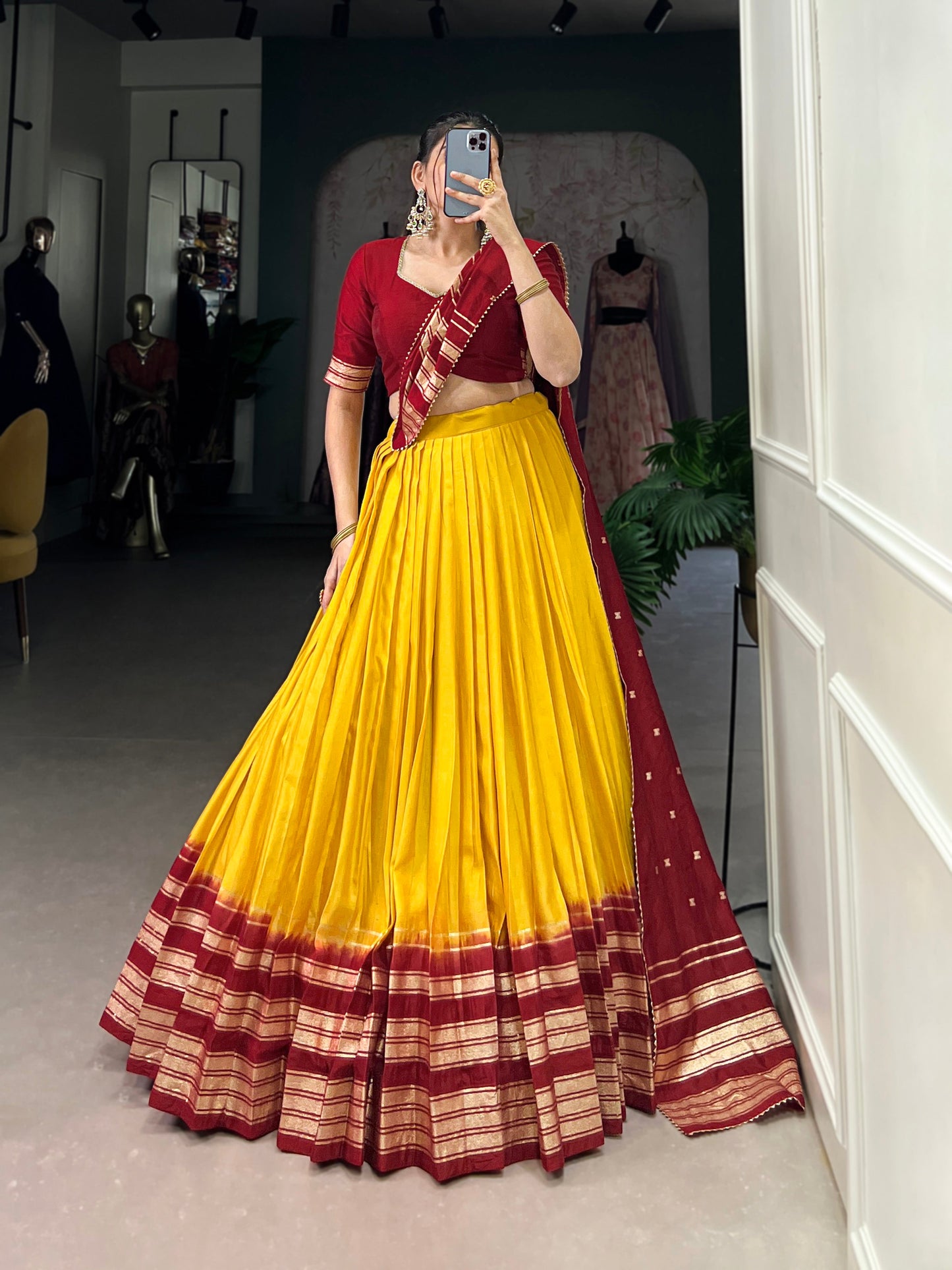 Lorenvalley Yellow Pure Chanderi Plain With Zari Weaving Work Border Lehenga Choli | Swadesiicart