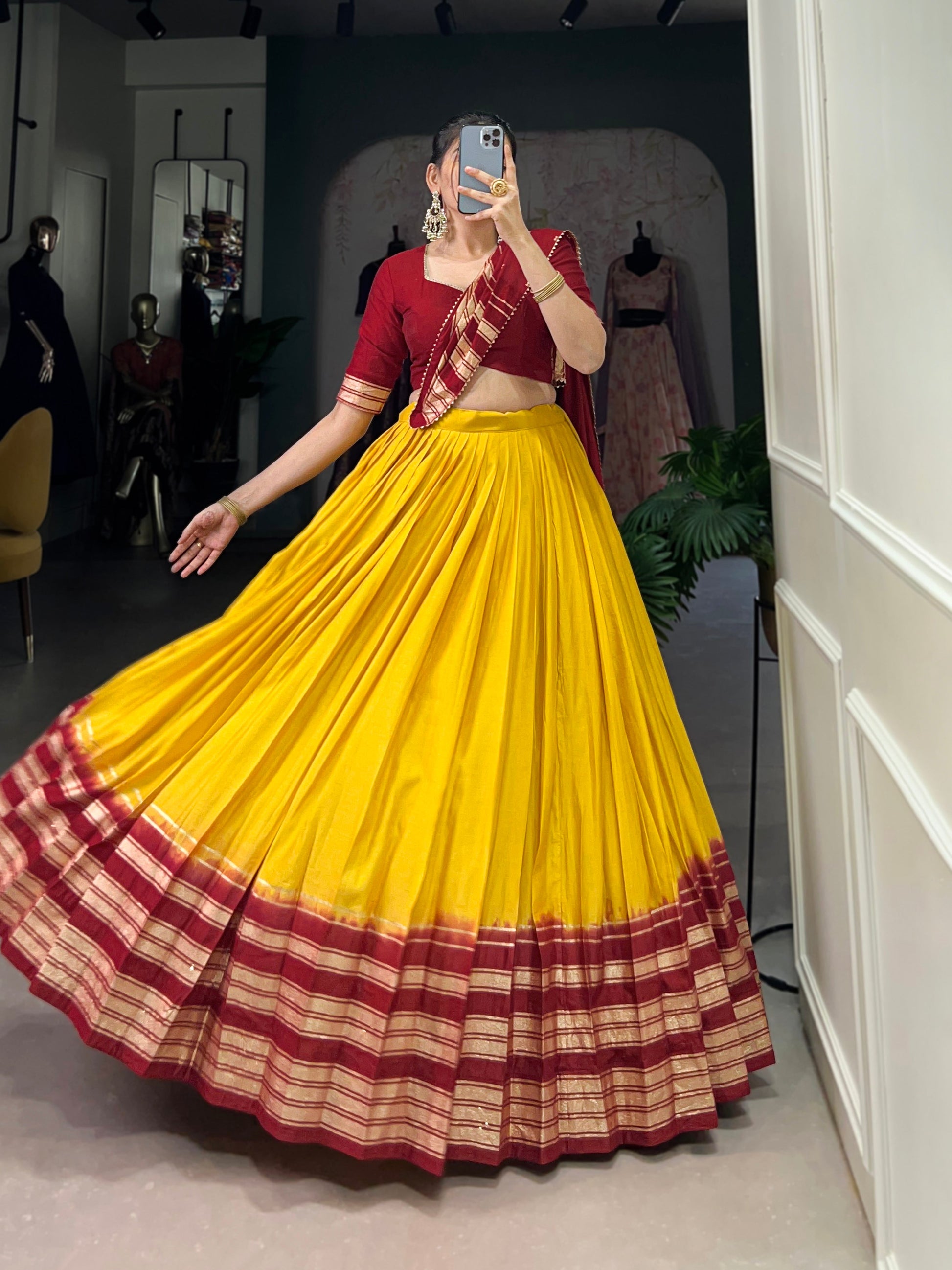 Lorenvalley Yellow Pure Chanderi Plain With Zari Weaving Work Border Lehenga Choli | Swadesiicart