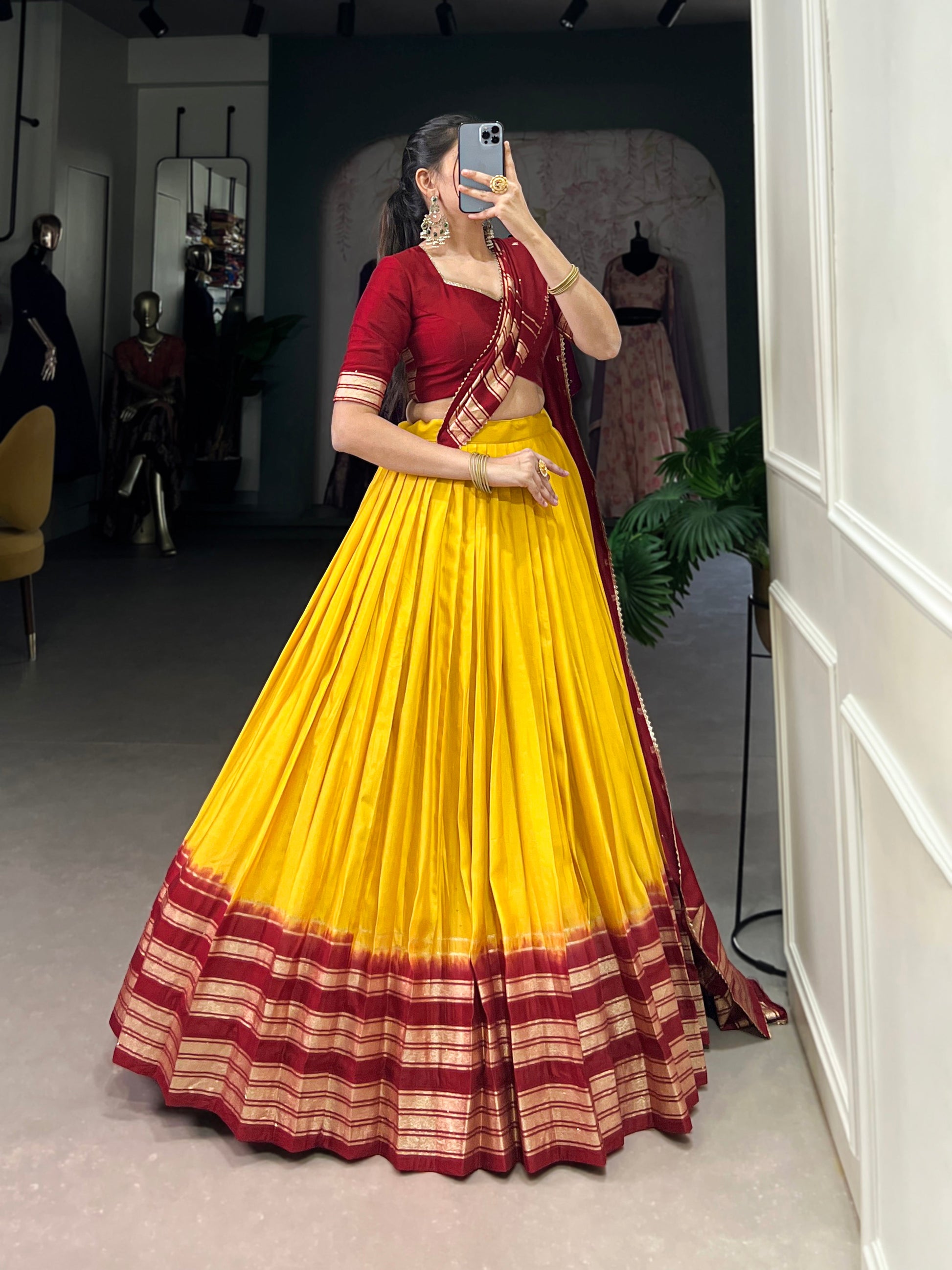Lorenvalley Yellow Pure Chanderi Plain With Zari Weaving Work Border Lehenga Choli | Swadesiicart