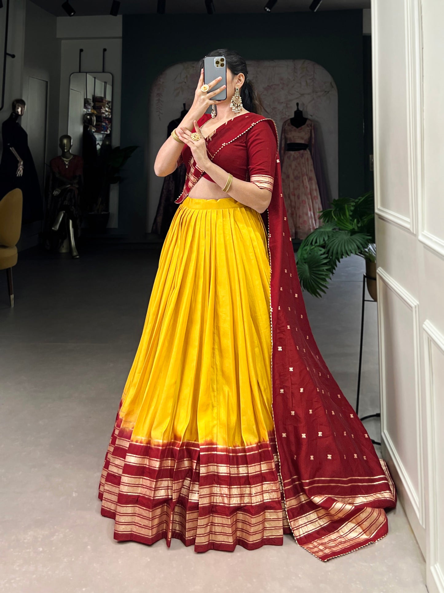 Lorenvalley Yellow Pure Chanderi Plain With Zari Weaving Work Border Lehenga Choli | Swadesiicart