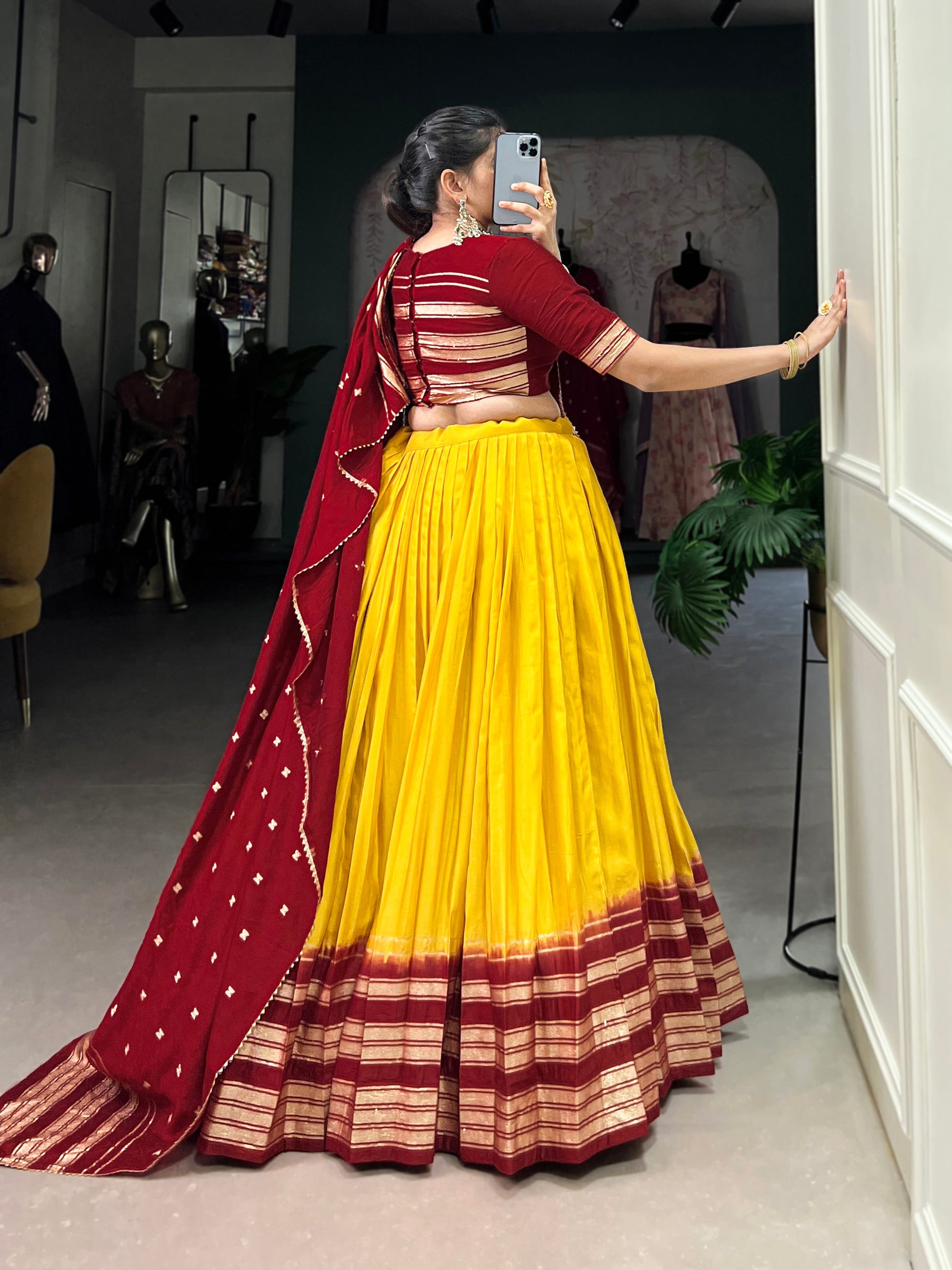 Lorenvalley Yellow Pure Chanderi Plain With Zari Weaving Work Border Lehenga Choli | Swadesiicart