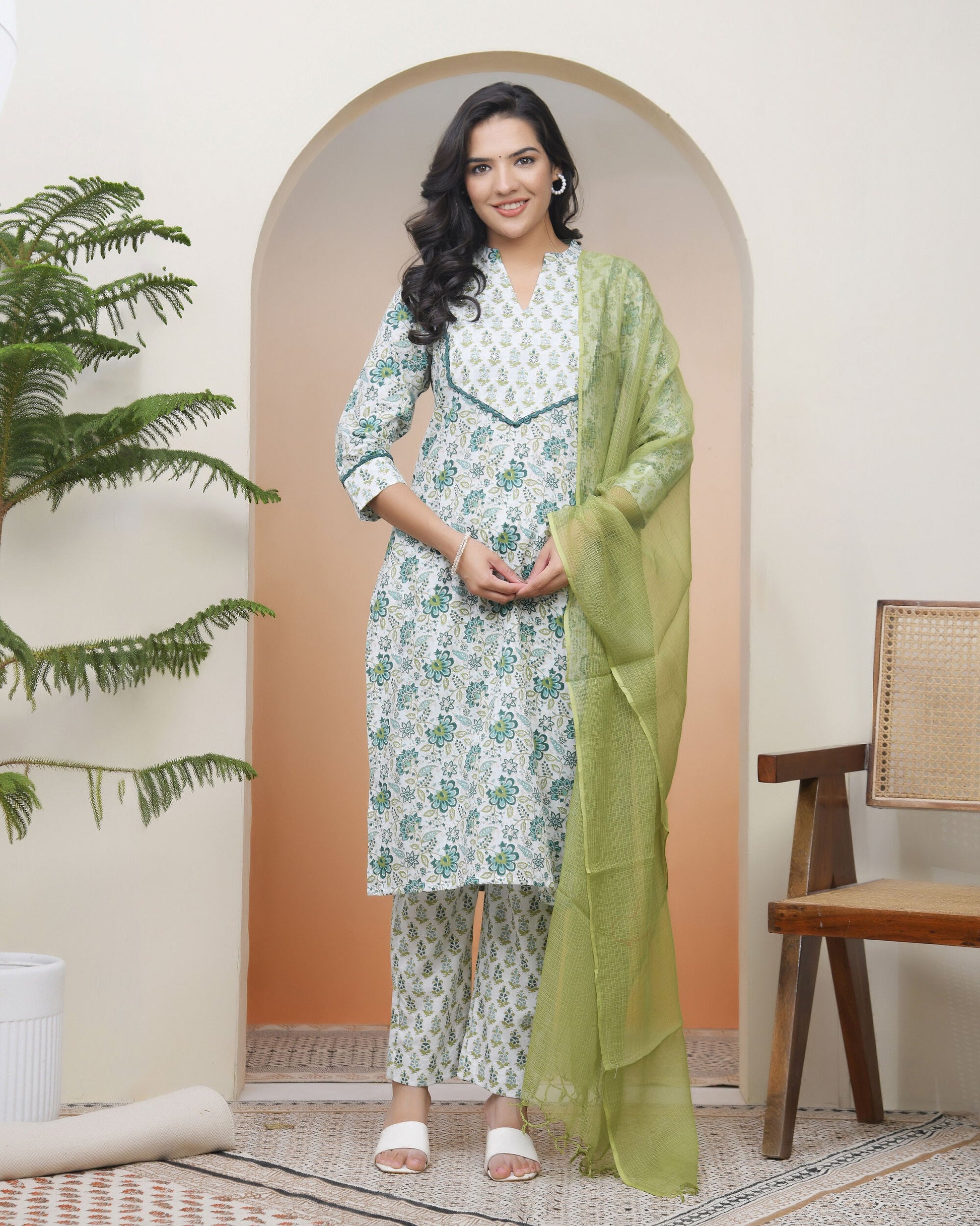 Vaasva Women White Cotton Kurta With Cotton Pant & Dupatta | Swadesiicart