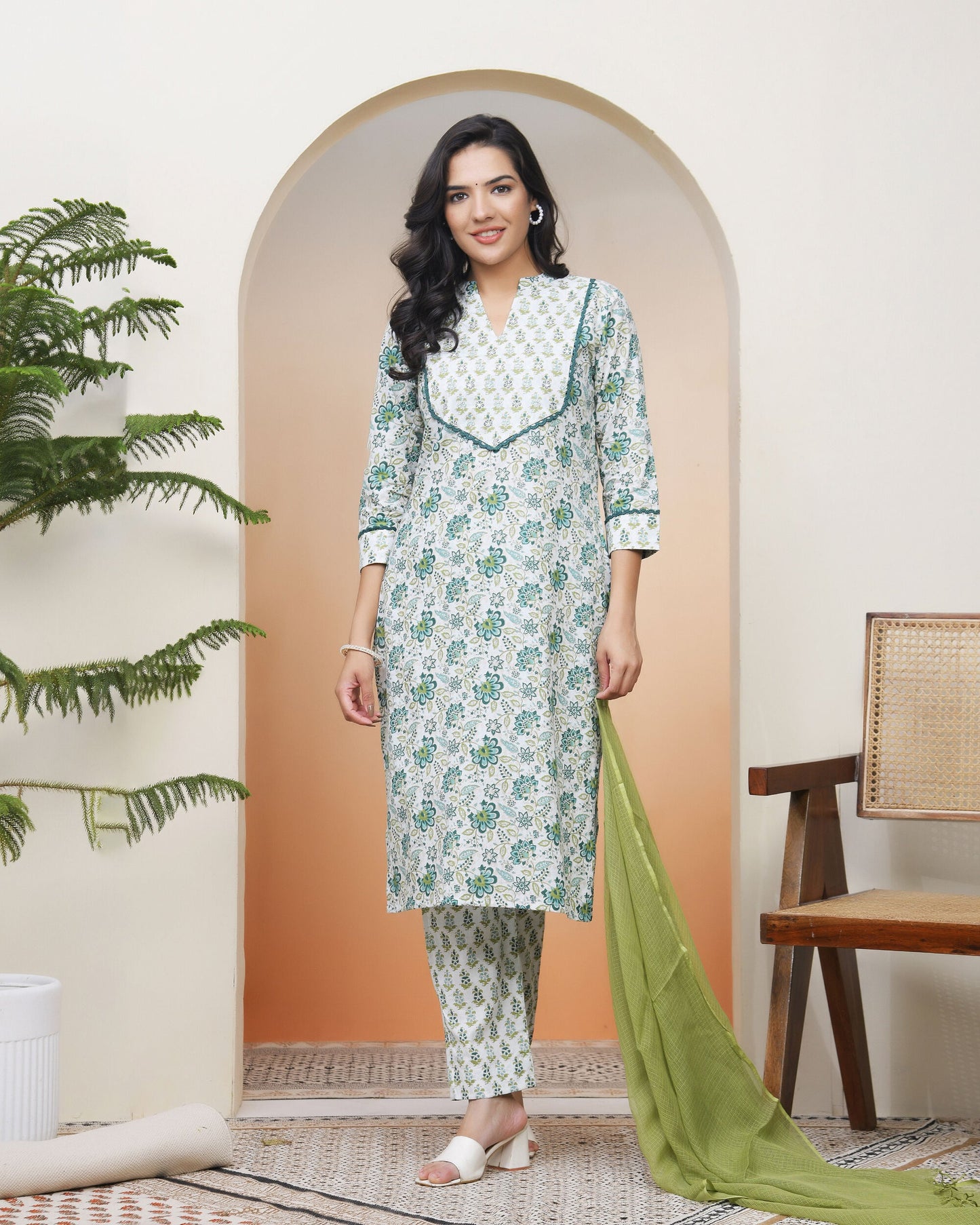 Vaasva Women White Cotton Kurta With Cotton Pant & Dupatta | Swadesiicart