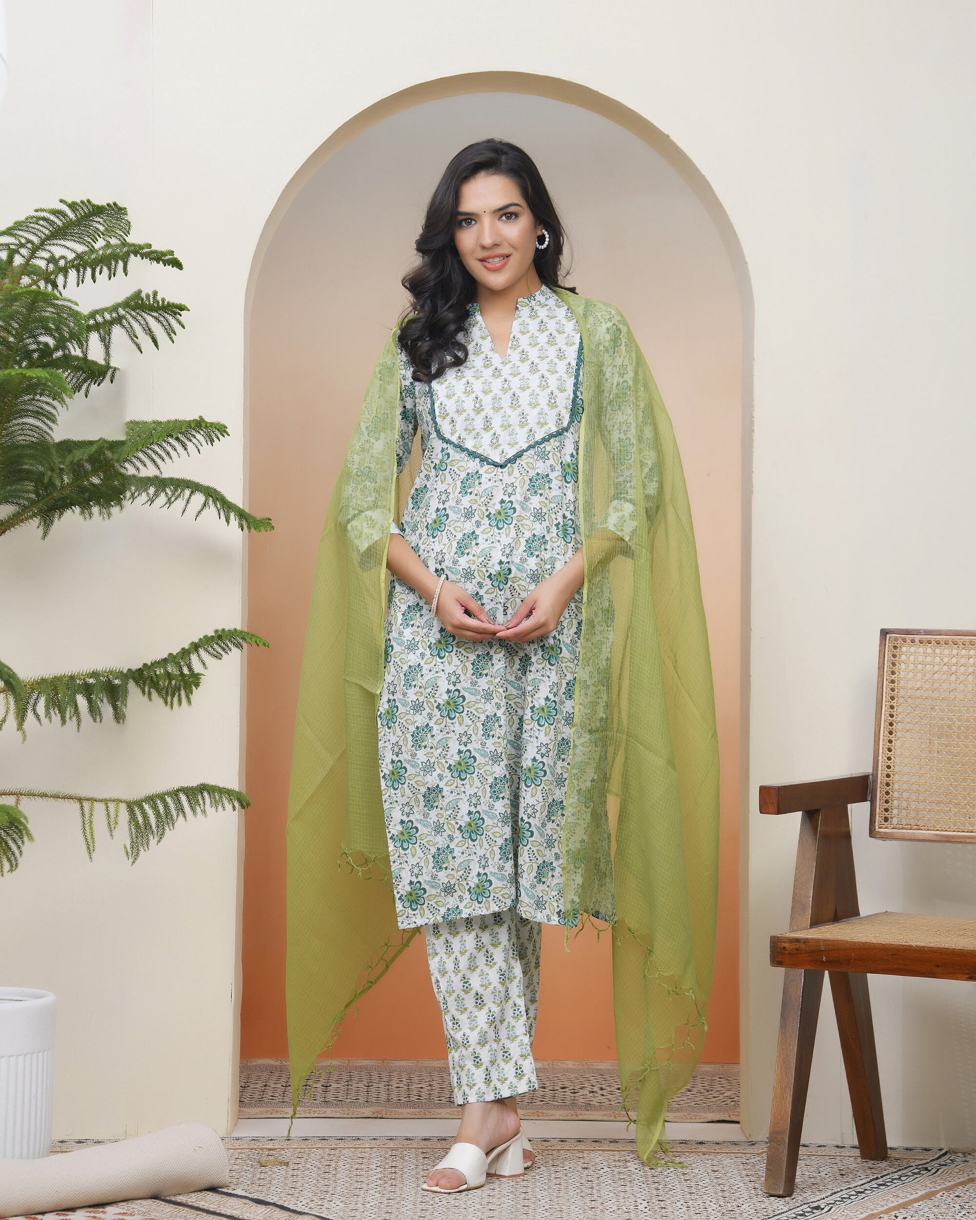 Vaasva Women White Cotton Kurta With Cotton Pant & Dupatta | Swadesiicart
