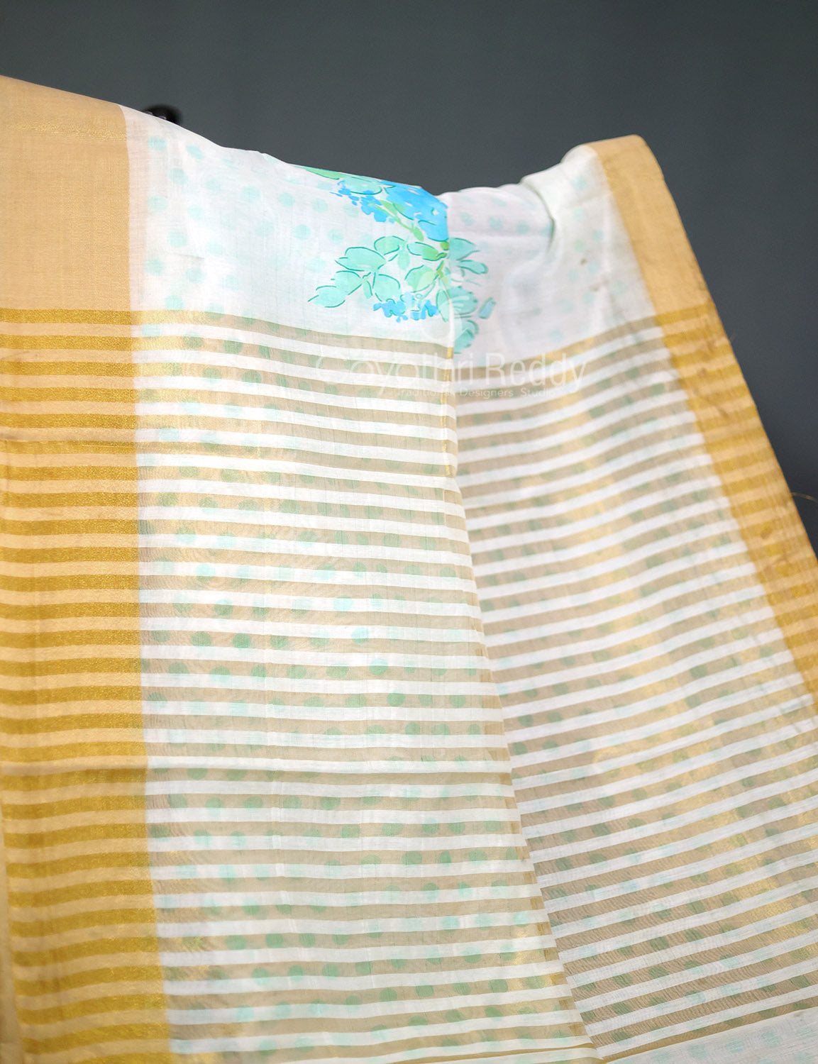 Shades of Milk White And Sky Blue Colour Floral Design Chanderi Printed Saree By Gayathri Reddy Designer Studio | Swadesiicart