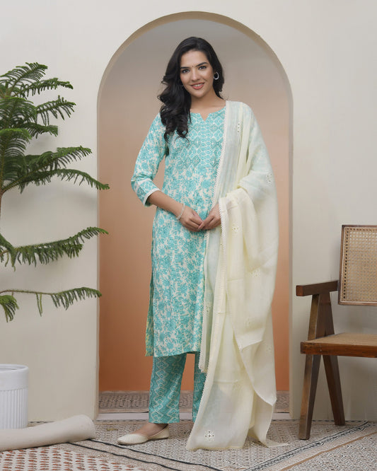 Vaasva Women Aqua Marine Cotton Kurta With Cotton Pant & Dupatta | Swadesiicart