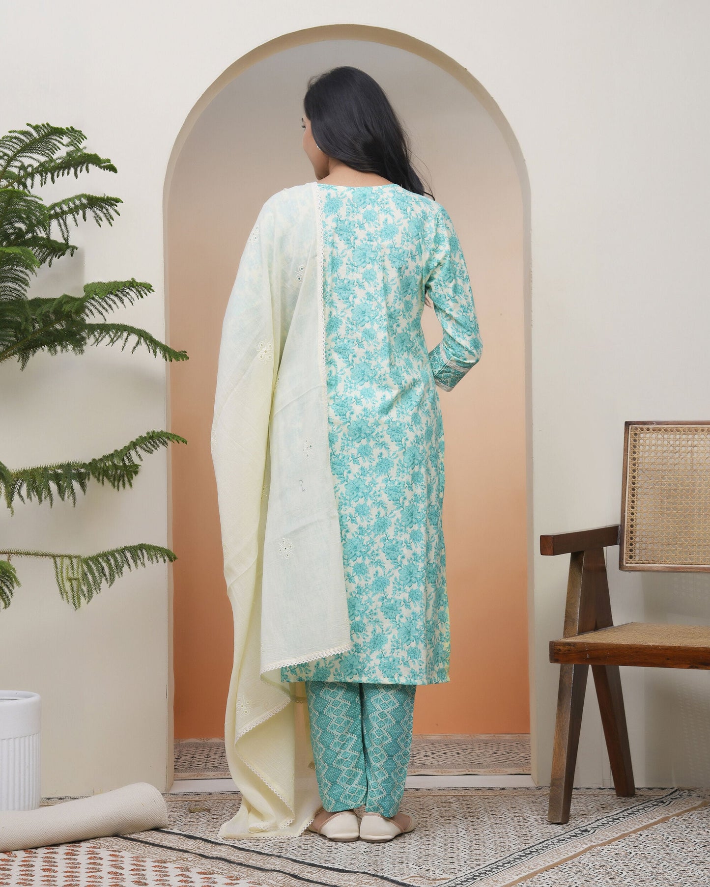 Vaasva Women Aqua Marine Cotton Kurta With Cotton Pant & Dupatta | Swadesiicart