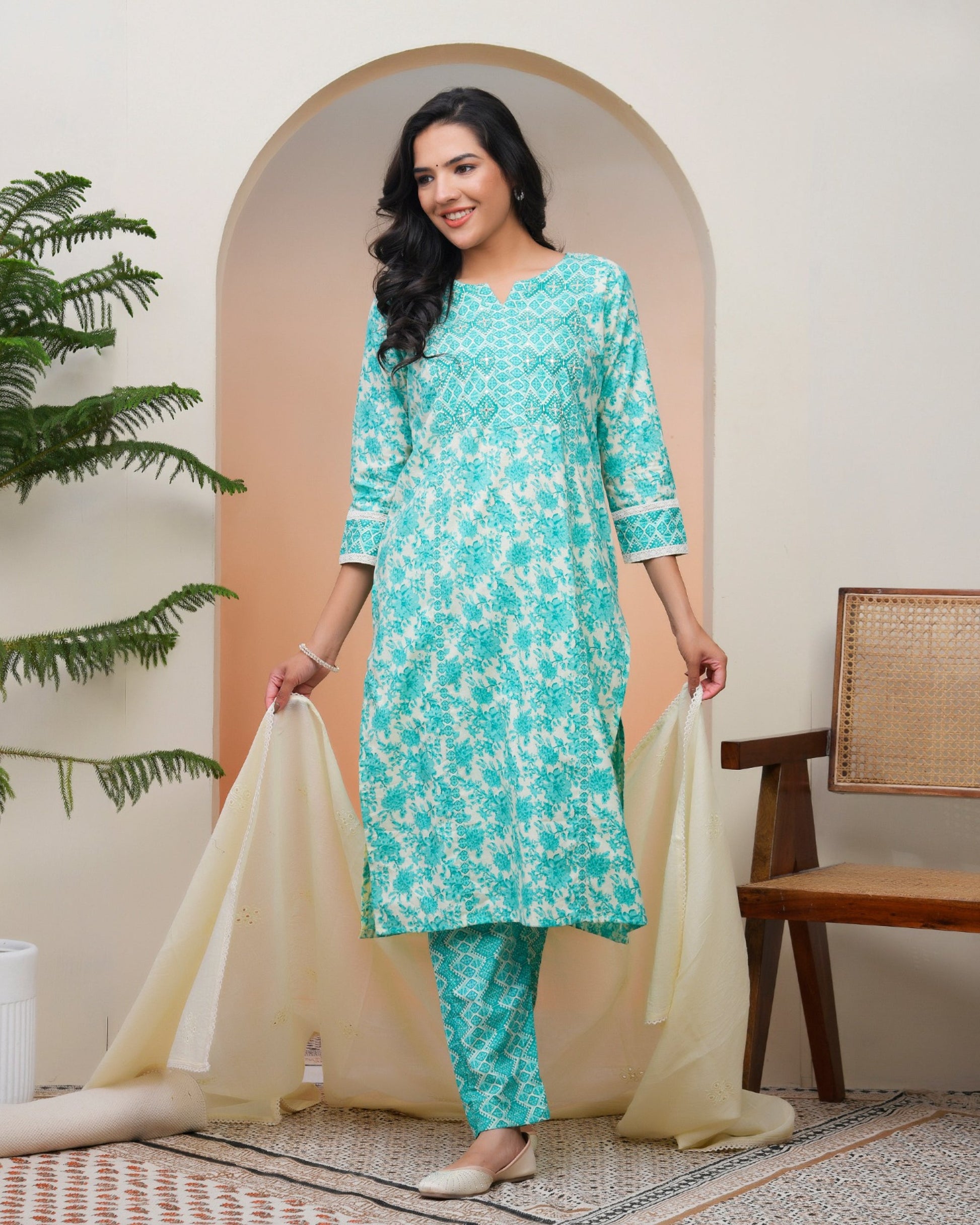 Vaasva Women Aqua Marine Cotton Kurta With Cotton Pant & Dupatta | Swadesiicart