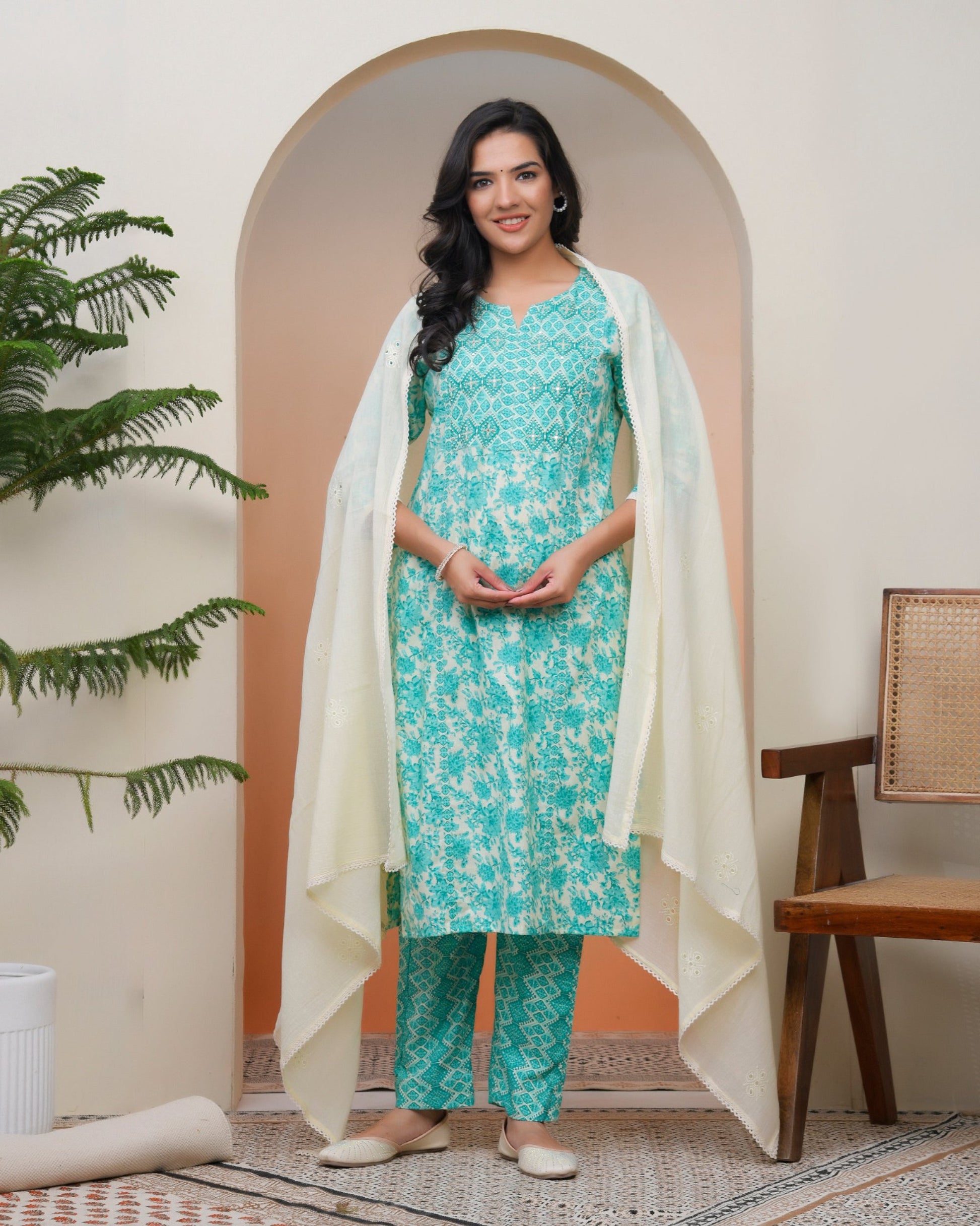 Vaasva Women Aqua Marine Cotton Kurta With Cotton Pant & Dupatta | Swadesiicart