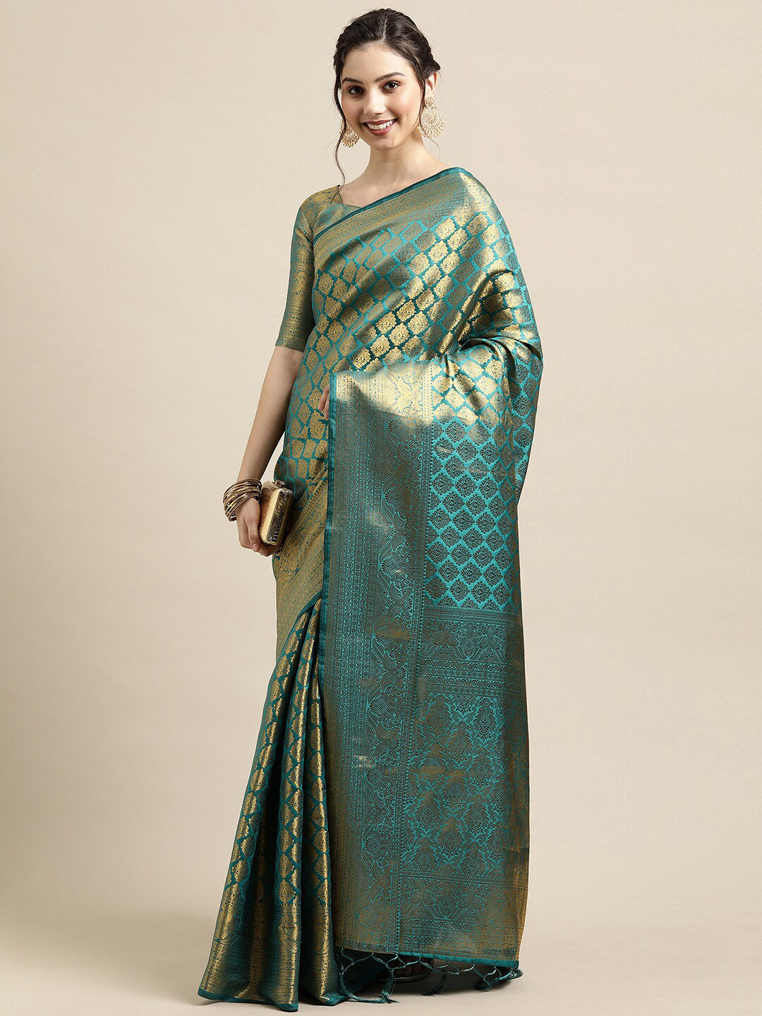 Saree Mall Blue & Gold-Toned Woven Design Zari Silk Blend Banarasi Saree | Swadesiicart