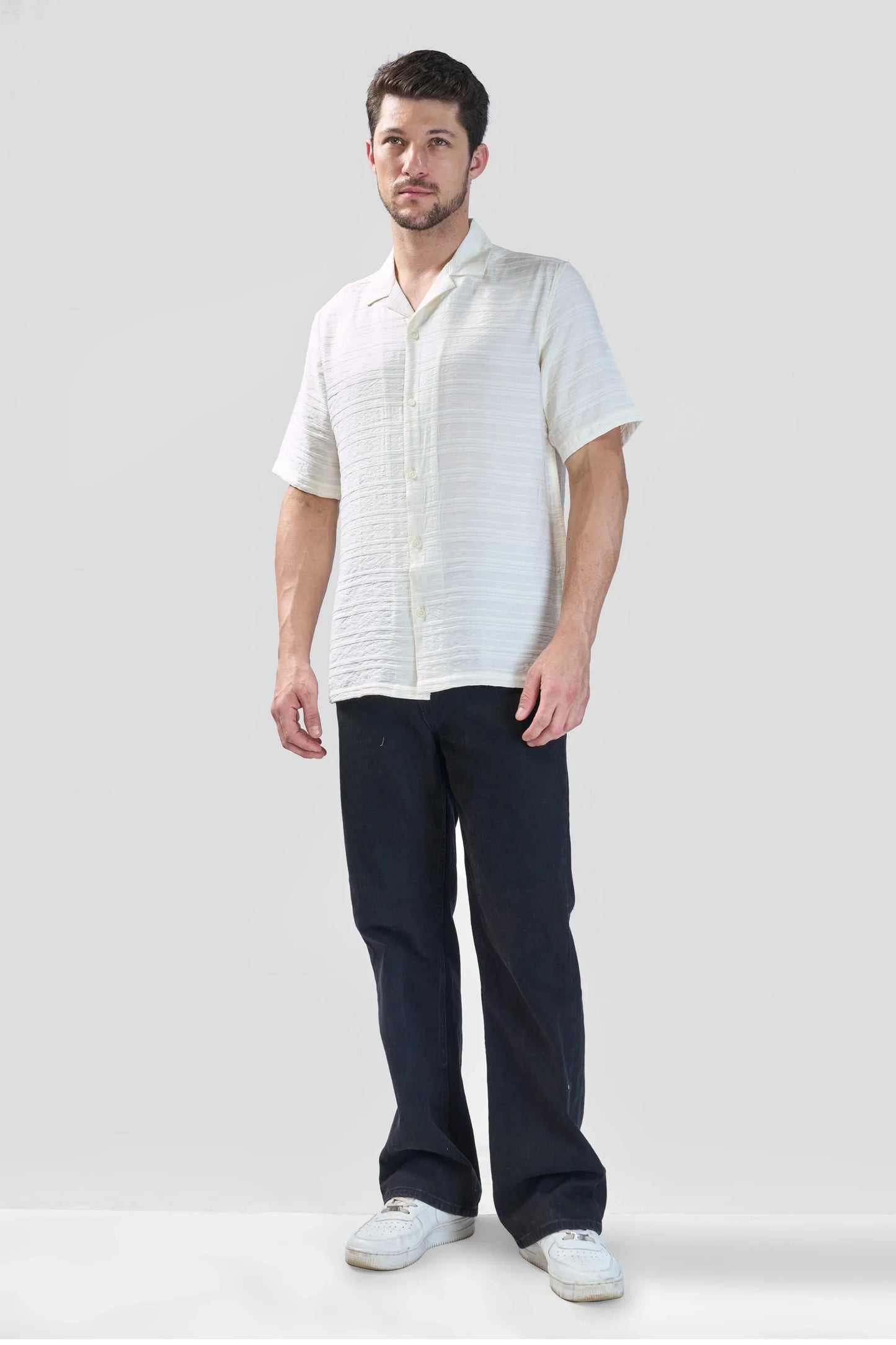Xkind White Horizontal Pleated Stripes Relaxed Fit Shirt | Swadesiicart