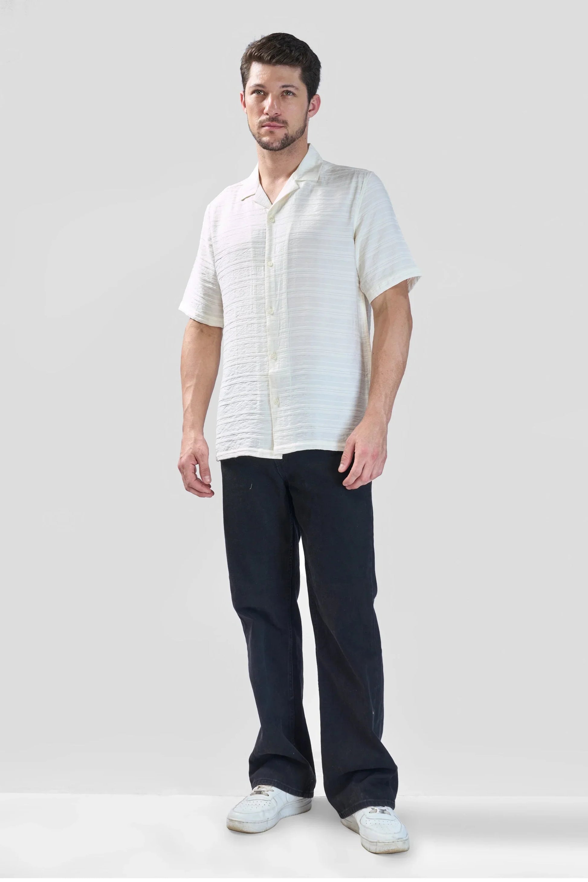 Xkind White Horizontal Pleated Stripes Relaxed Fit Shirt | Swadesiicart