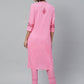 ADA Women Pink & Red Chikankari Embroidered Sustainable Handloom Kurta with Trousers | Swadesiicart