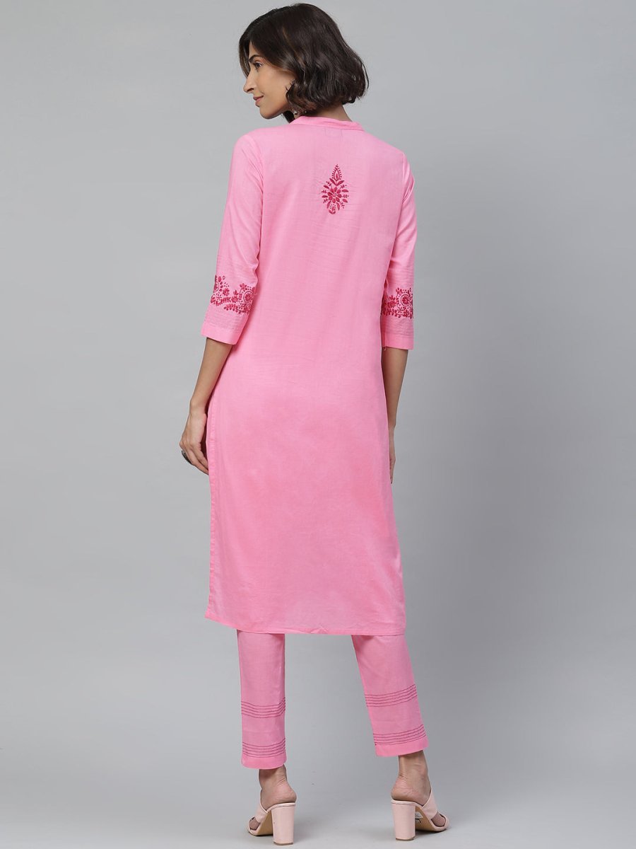 ADA Women Pink & Red Chikankari Embroidered Sustainable Handloom Kurta with Trousers | Swadesiicart