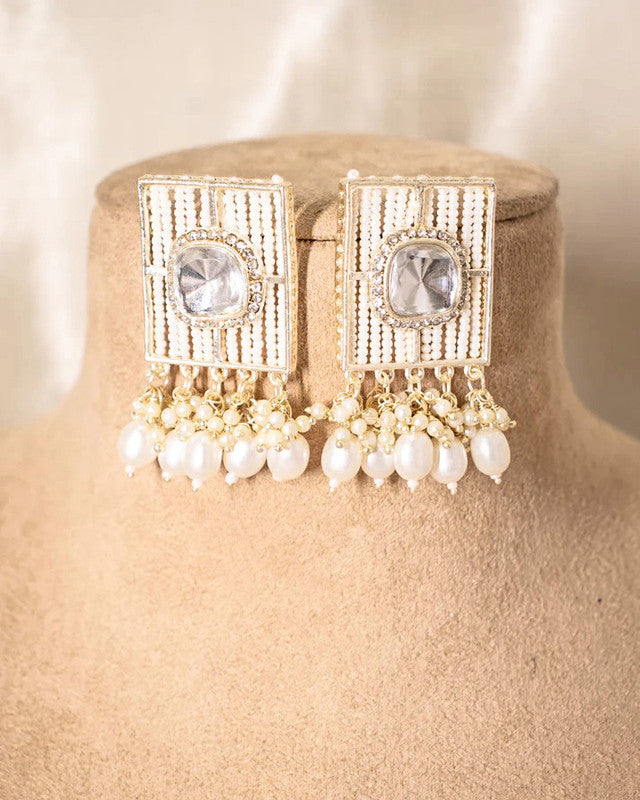 Tehzeeb Creations White Gold Square Shape Earrings With Tikka | Swadesiicart
