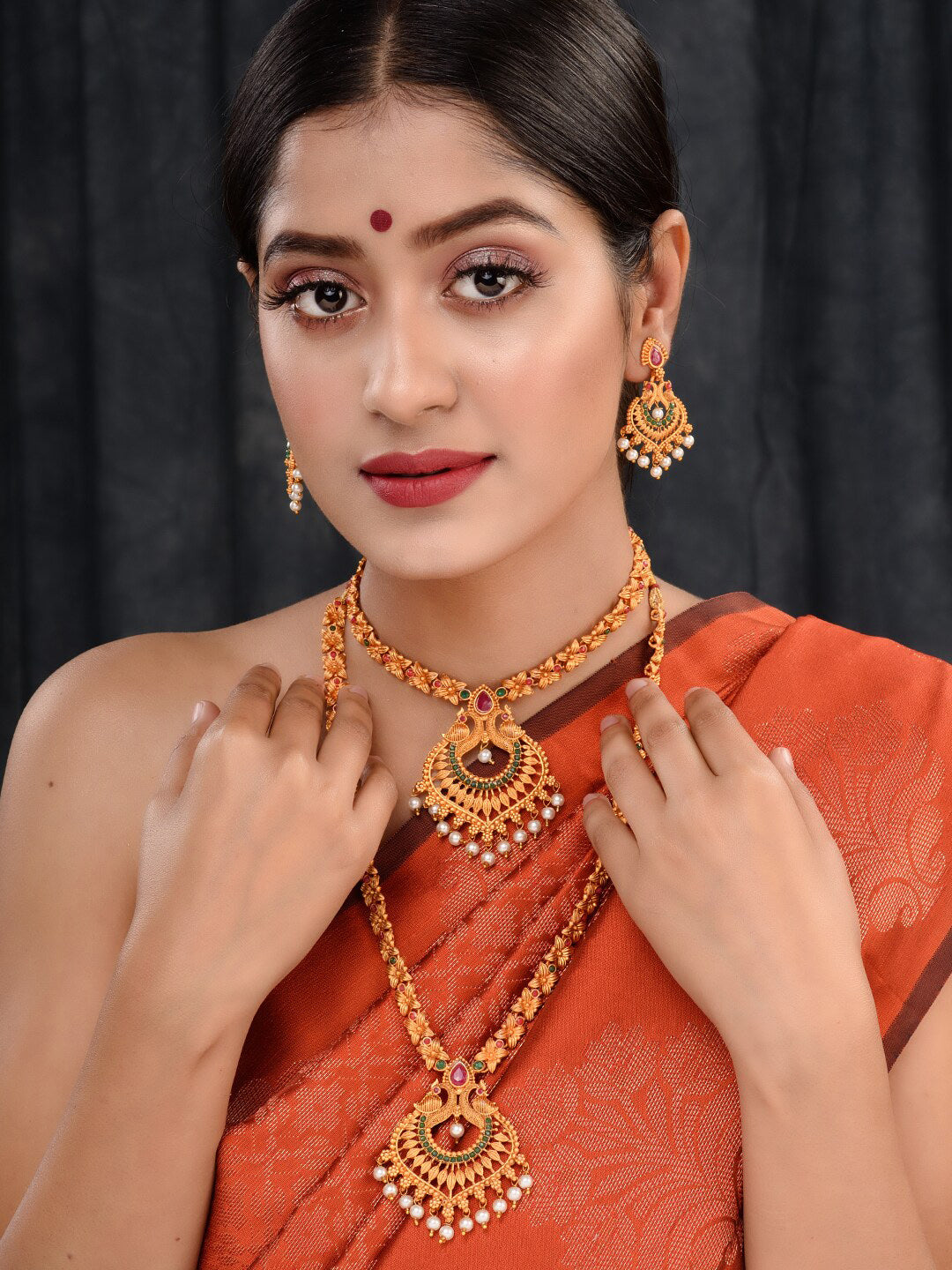 Saraf RS Jewellery Gold-Polished Red & Green Bridal Temple Jewellery Set - Swadesiicart