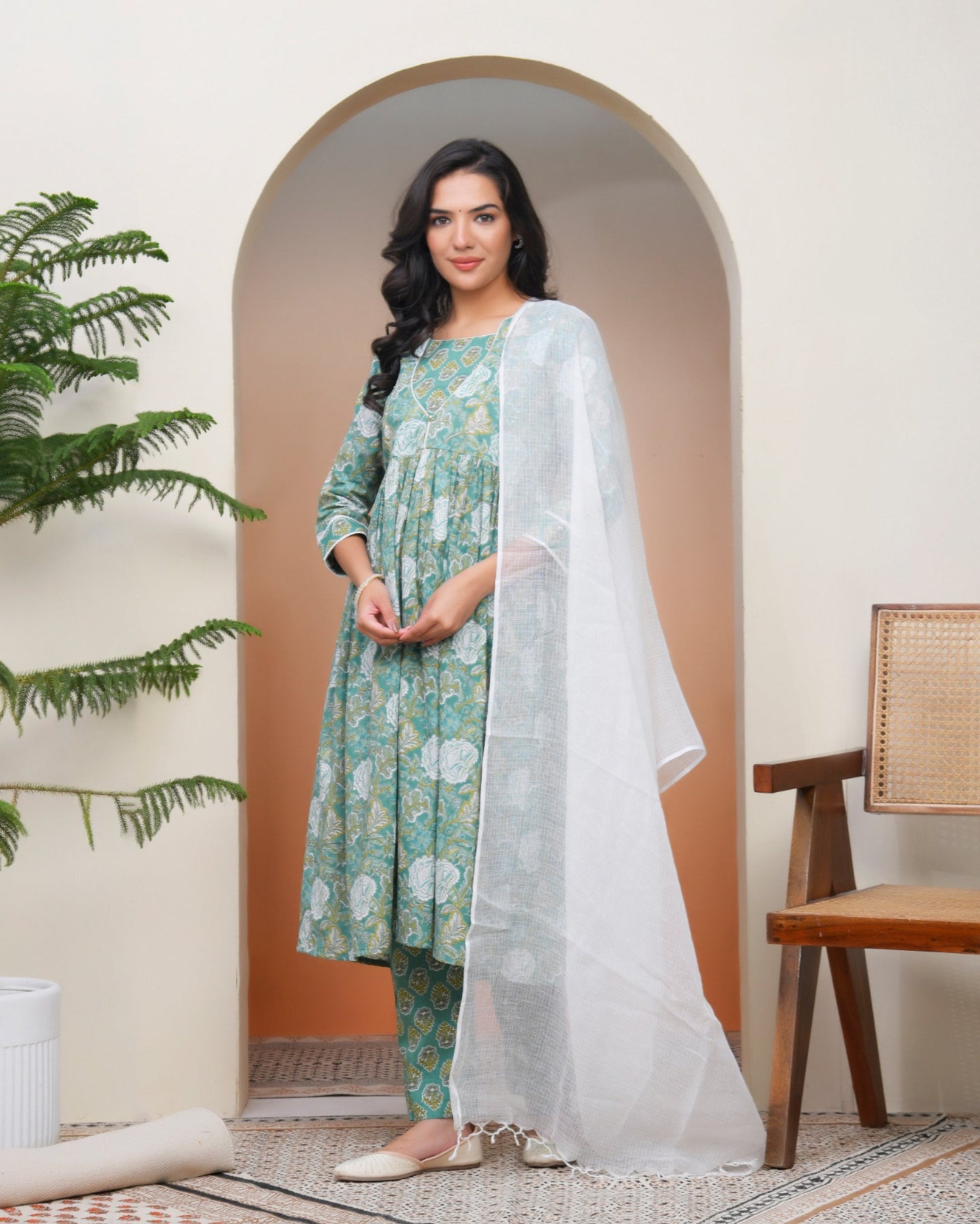 Vaasva Women Ferozi Cotton Kurta With Cotton Pant & Dupatta | Swadesiicart