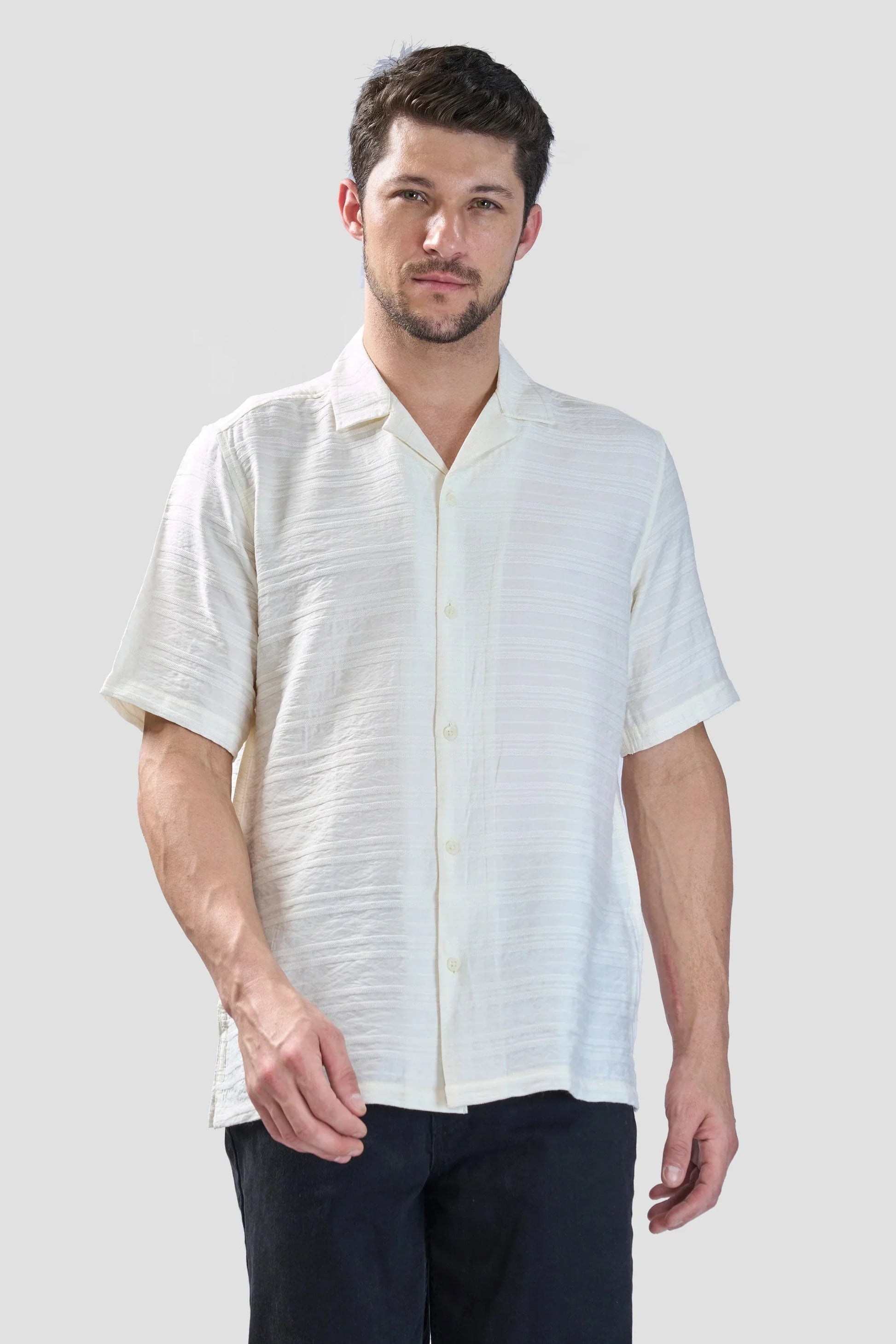 Xkind White Horizontal Pleated Stripes Relaxed Fit Shirt | Swadesiicart