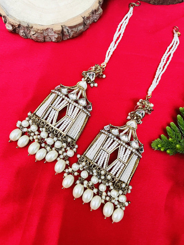Tehzeeb Creations Stylish White Pearls Doli-Palki Kundan Earrings With Ear Chain With Tikka | Swadesiicart