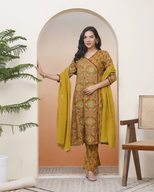 Vaasva Women Mustard Cotton Angrakha Kurta With Cotton Pant & Dupatta | Swadesiicart