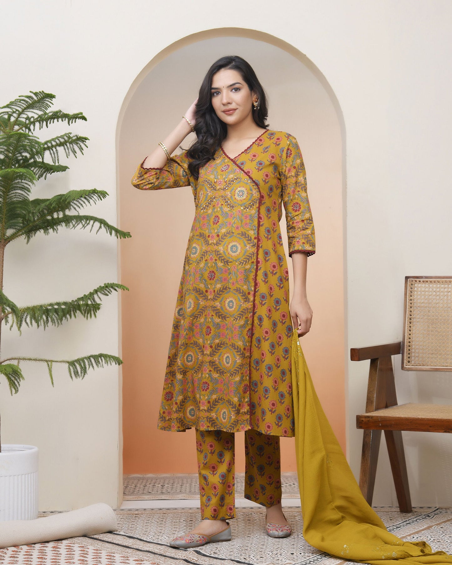 Vaasva Women Mustard Cotton Angrakha Kurta With Cotton Pant & Dupatta | Swadesiicart