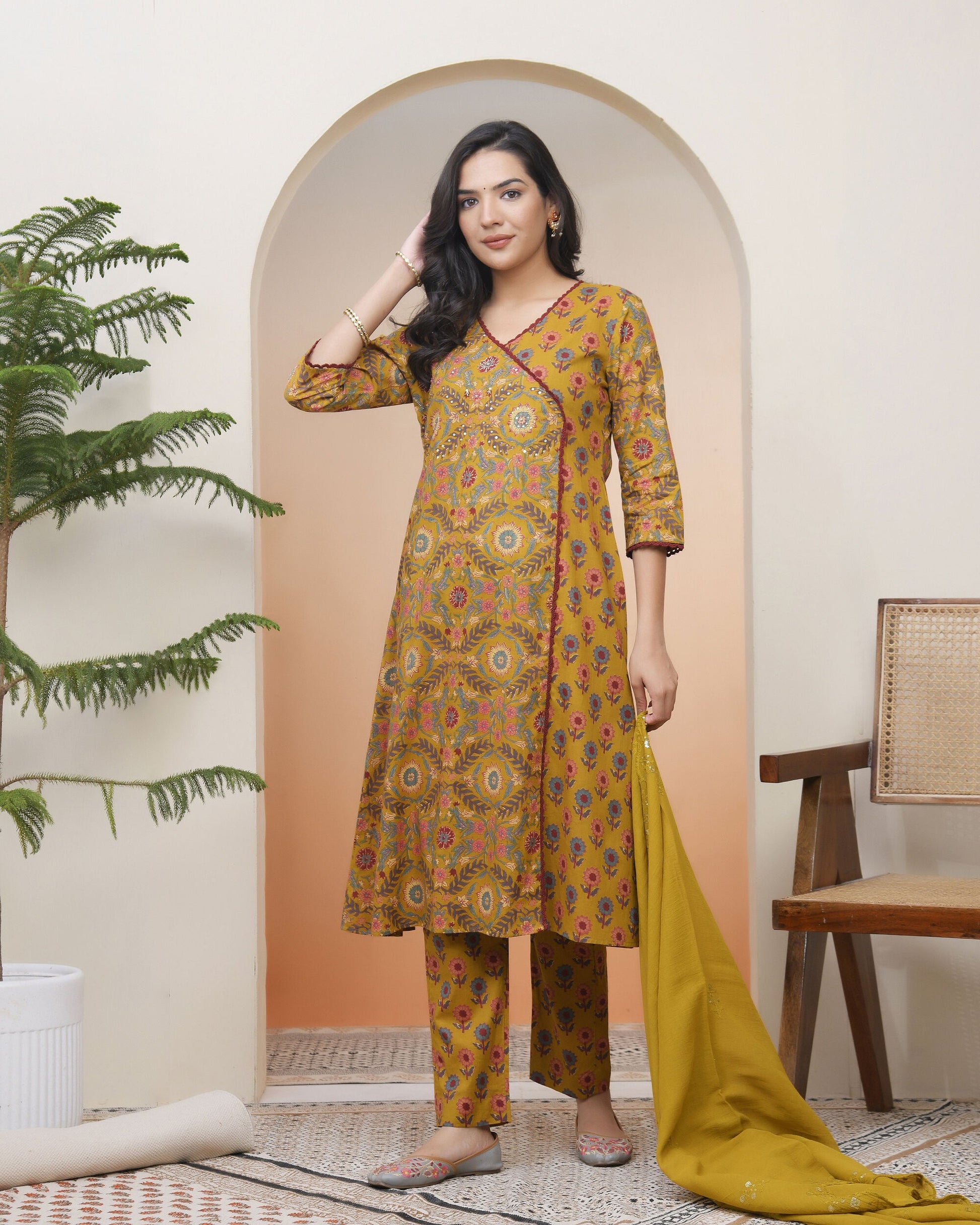 Vaasva Women Mustard Cotton Angrakha Kurta With Cotton Pant & Dupatta | Swadesiicart