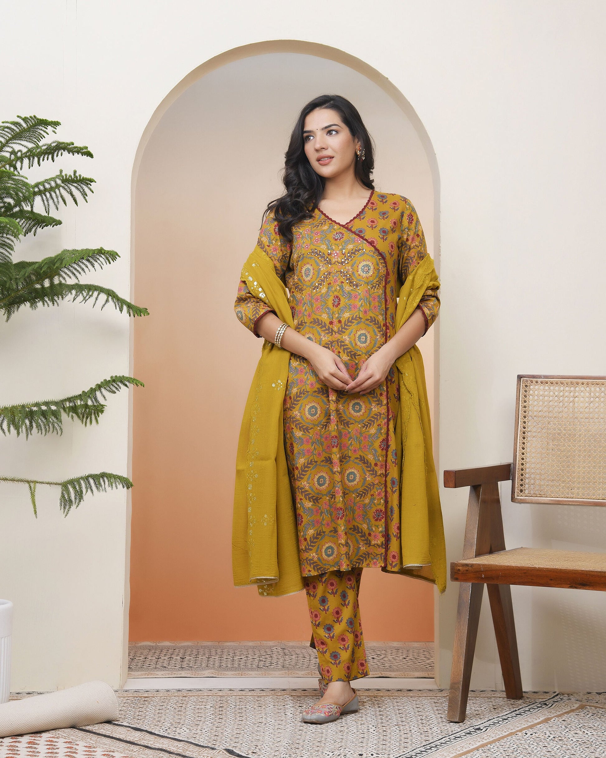 Vaasva Women Mustard Cotton Angrakha Kurta With Cotton Pant & Dupatta | Swadesiicart