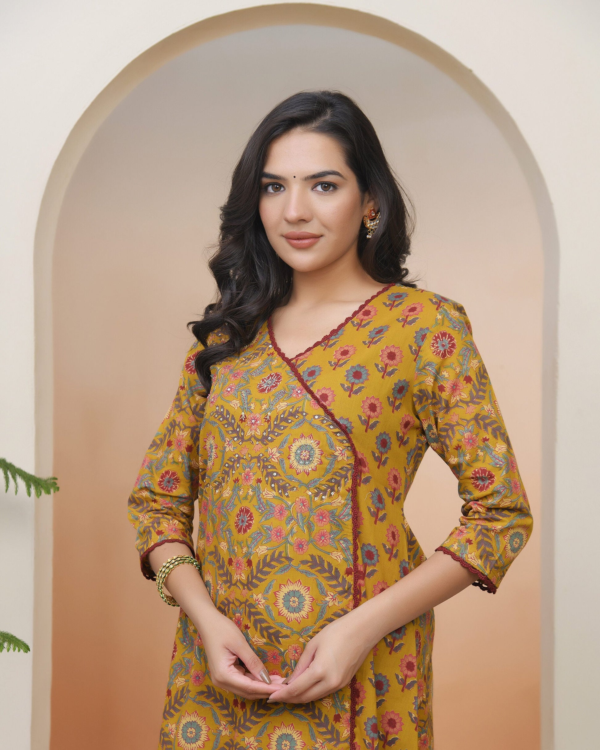 Vaasva Women Mustard Cotton Angrakha Kurta With Cotton Pant & Dupatta | Swadesiicart
