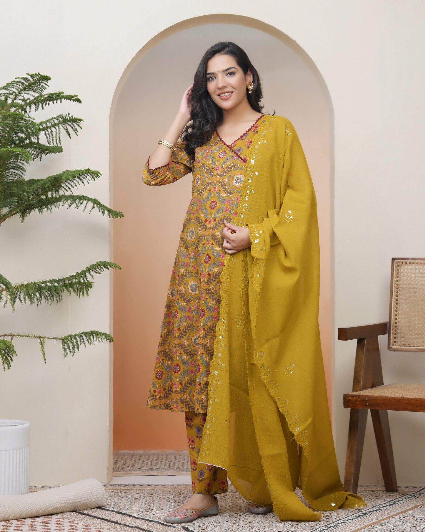 Vaasva Women Mustard Cotton Angrakha Kurta With Cotton Pant & Dupatta | Swadesiicart