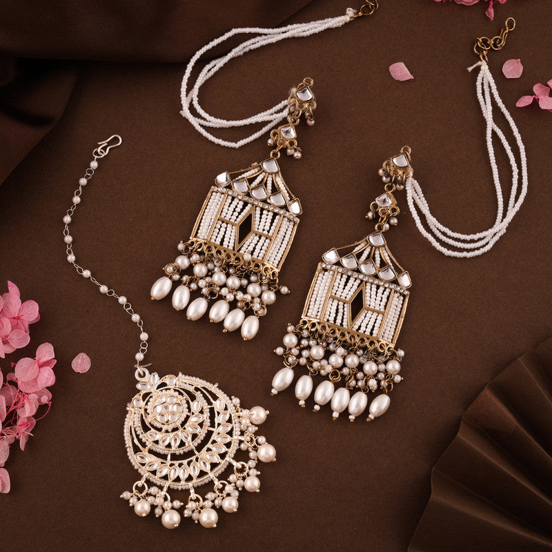 Tehzeeb Creations Stylish White Pearls Doli-Palki Kundan Earrings With Ear Chain With Tikka | Swadesiicart