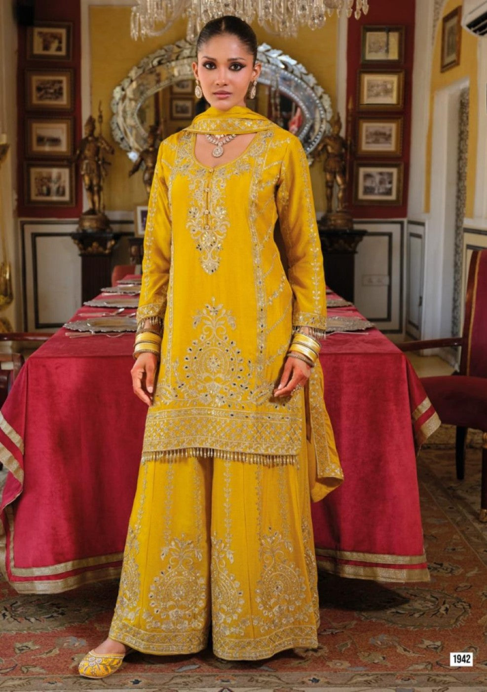 Anaita Yellow Chinon Stitched Suit With Embroidery Work