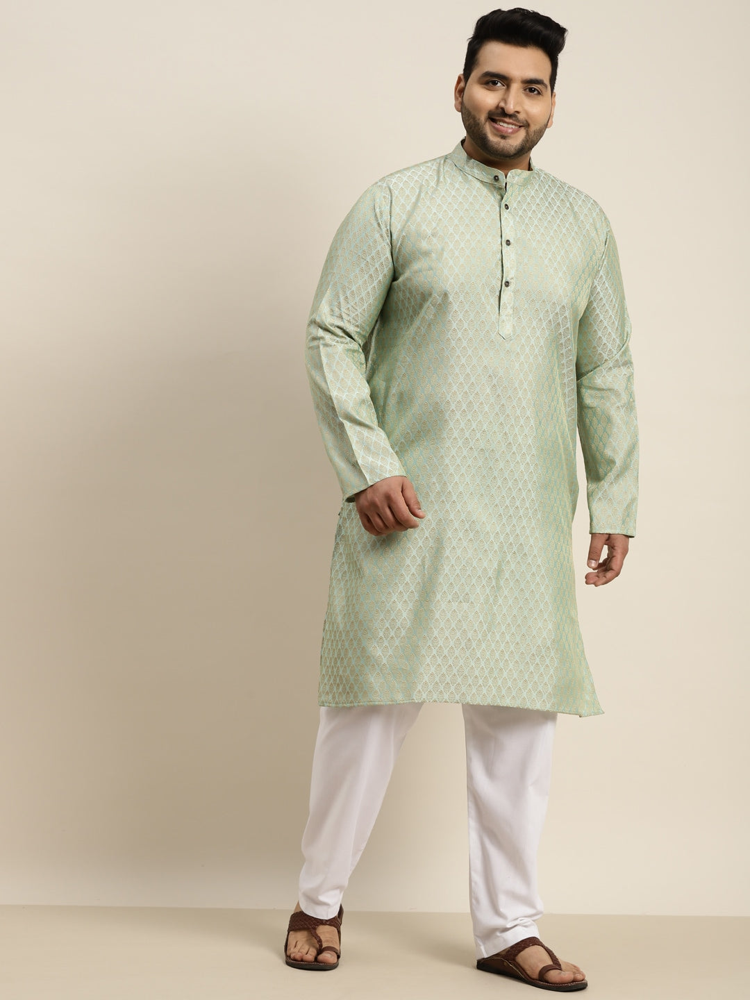 Sojanya Plus Men Green Jacquard Self Design Kurta with Pyjamas | Swadesiicart